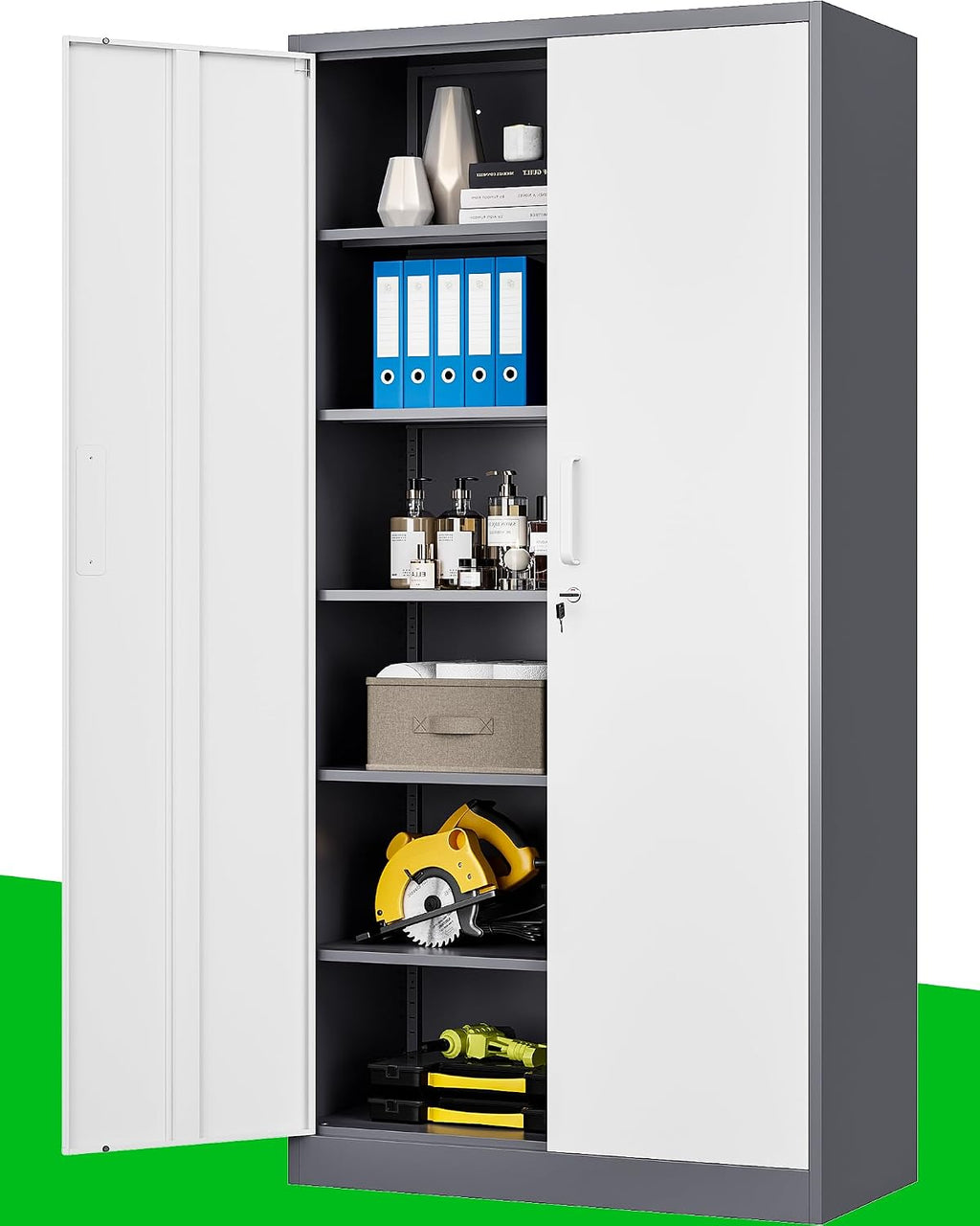 PEUKC Metal Garage Storage Cabinet, 71-inch Tall Cabinet with Adjustable Shelves & Locking Doors, Tool Cabinets for Garage,Office,Home,School,Gym (Grey White)