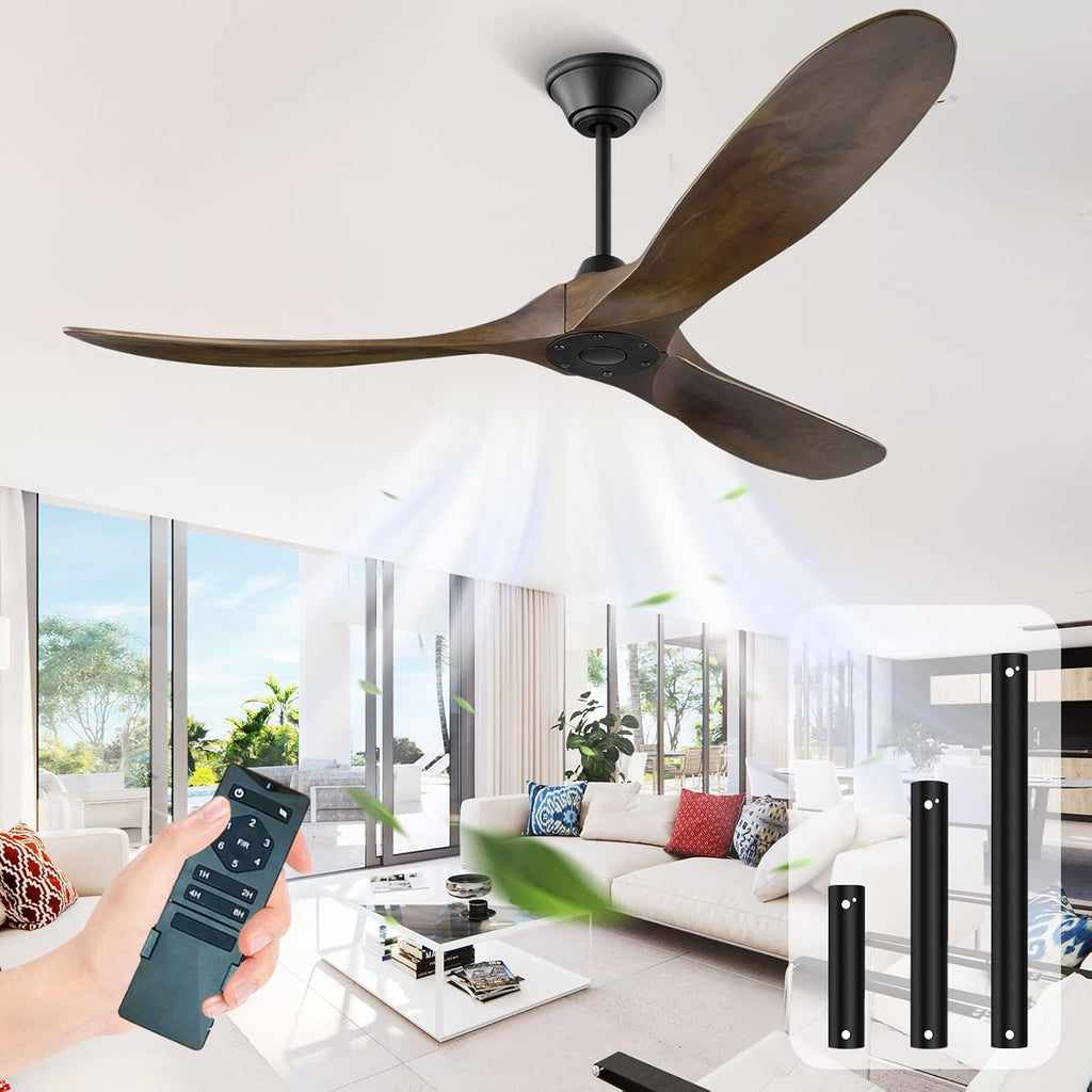52 Inch Outdoor Ceiling Fan, Wood Ceiling Fan Without Light with Remote Control, 3 Blades Moisture-Proof Large Indoor Fan with 6 Speed Noise-Free DC Motor for Bedroom Patios Kitchen