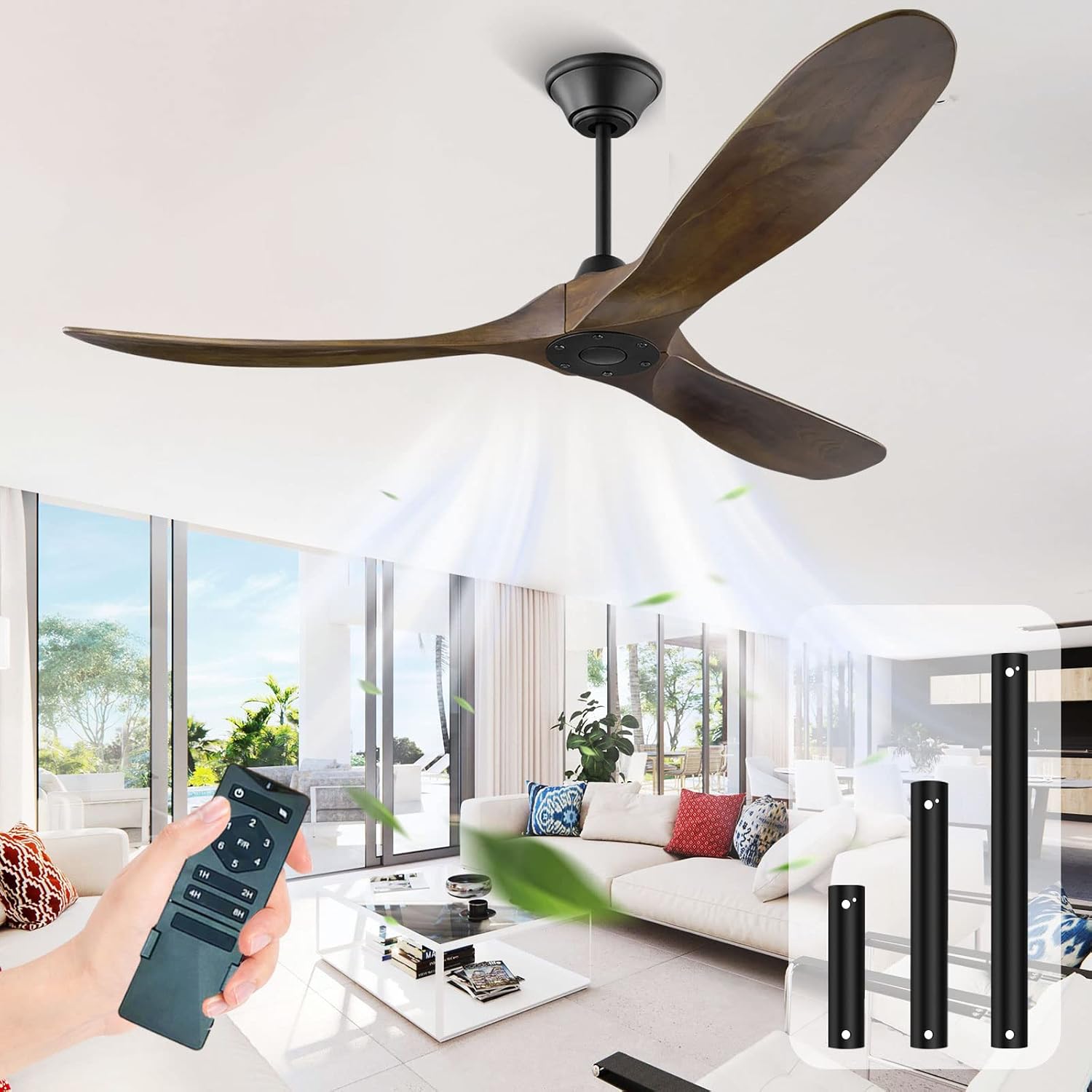 52 Inch Outdoor Ceiling Fan, Wood Ceiling Fan Without Light with Remote Control, 3 Blades Moisture-Proof Large Indoor Fan with 6 Speed Noise-Free DC Motor for Bedroom Patios Kitchen