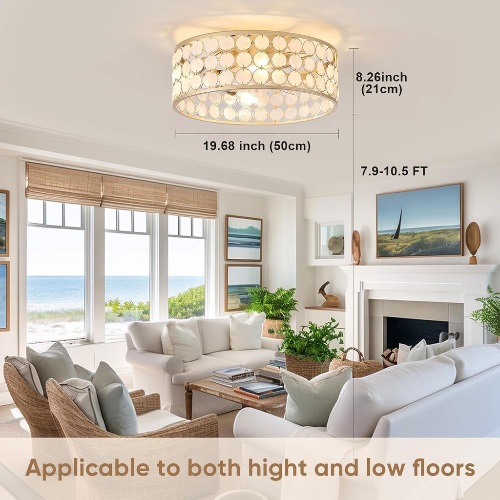 20'Boho Ceiling Fans with Lights and Remote Capiz Fandelier Ceiling Fan with Light Coastal Enclosed Caged Ceiling Fan for Bedroom，Nursery,Foyer,Kitchen(6 Speeds Gold Shade and White Shells )