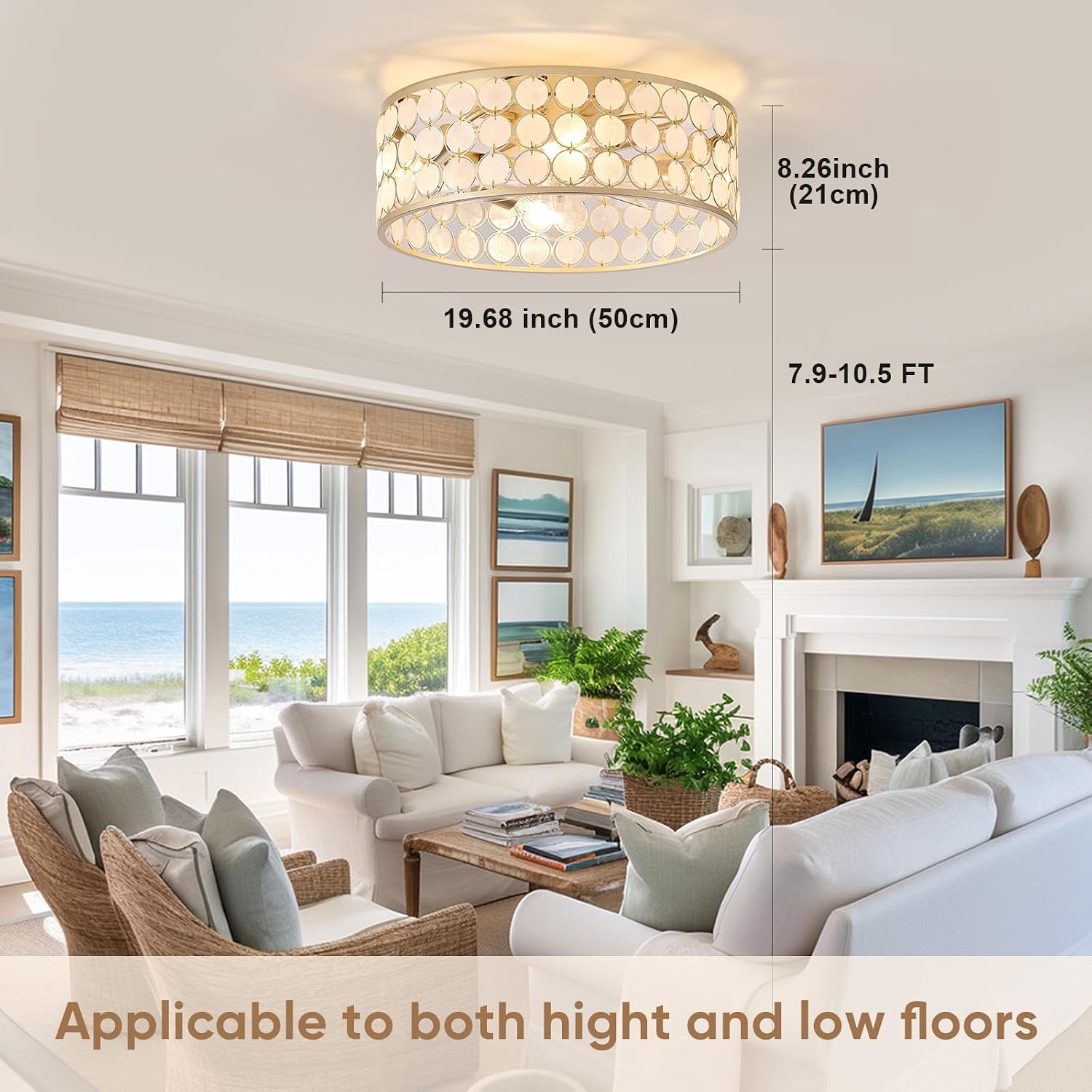 20'Boho Ceiling Fans with Lights and Remote Capiz Fandelier Ceiling Fan with Light Coastal Enclosed Caged Ceiling Fan for Bedroom，Nursery,Foyer,Kitchen(6 Speeds Gold Shade and White Shells )