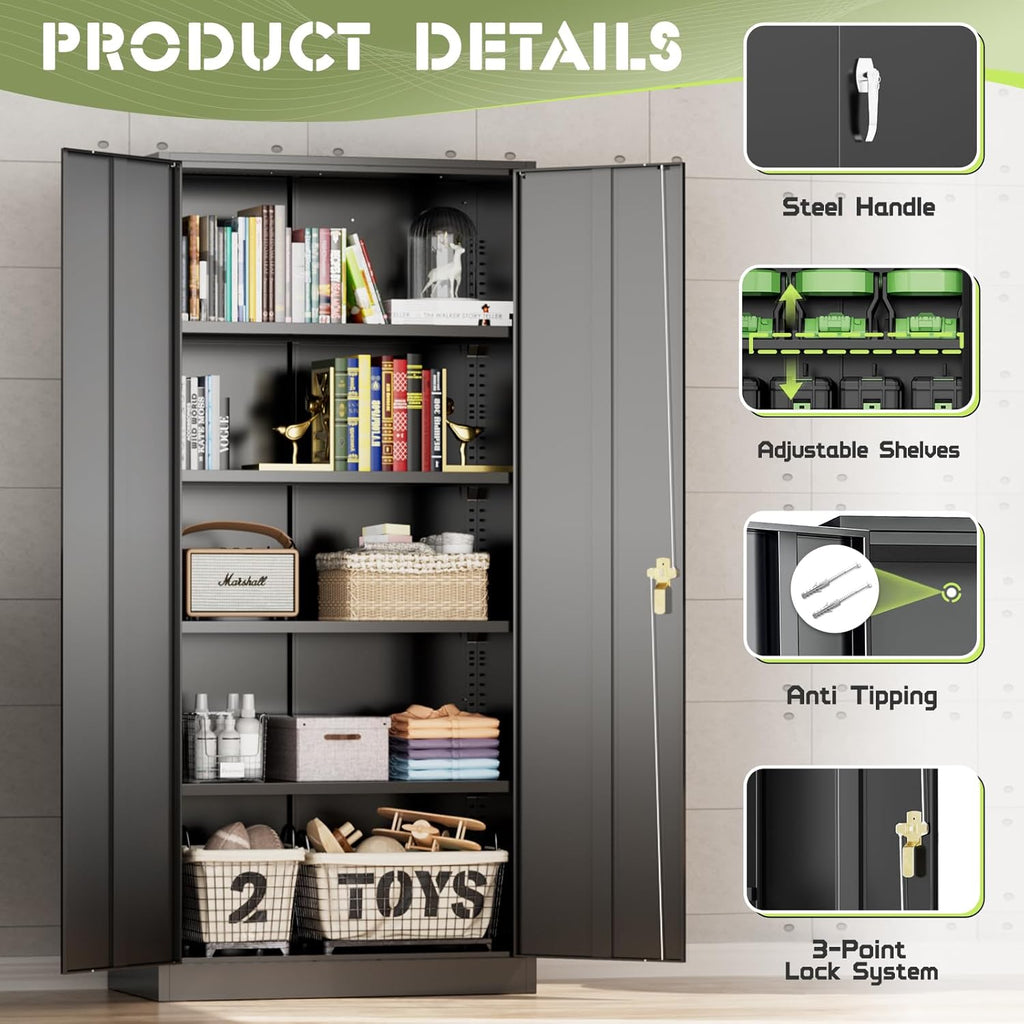 Crownland 72' Lockable Metal Storage Cabinet, Garage Storage Cabinets, High Office Cabinet with Adjustable Shelves for Home Office, Pantry,Garage, File(Balck)