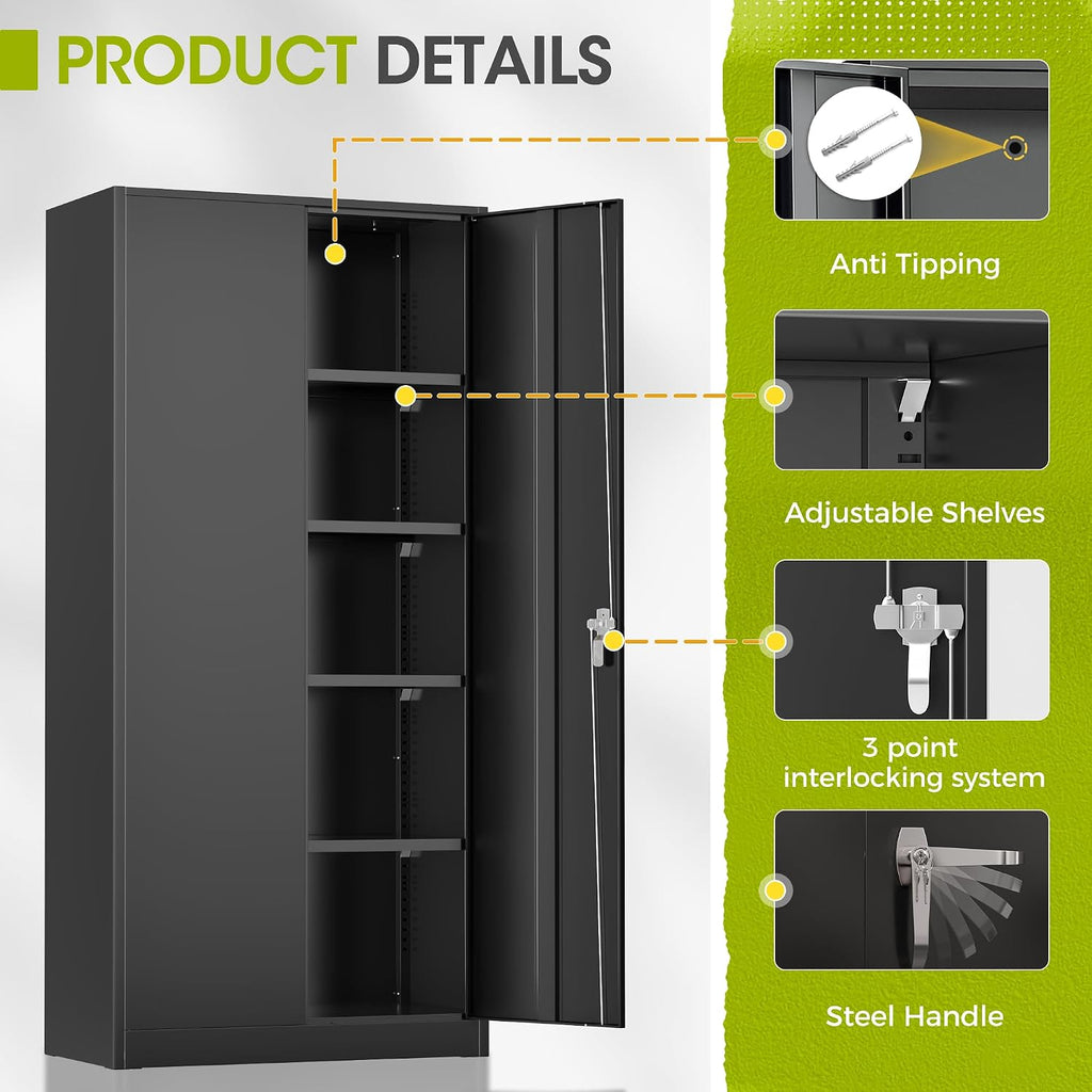 Greenvelly Metal Lockable Storage Cabinet, 72' Tall Storage Cabinet with 2 Doors and 4 Adjustable Shelves for Office, Home, Garage, Pantry (Assembly Required, 18'D, Black)