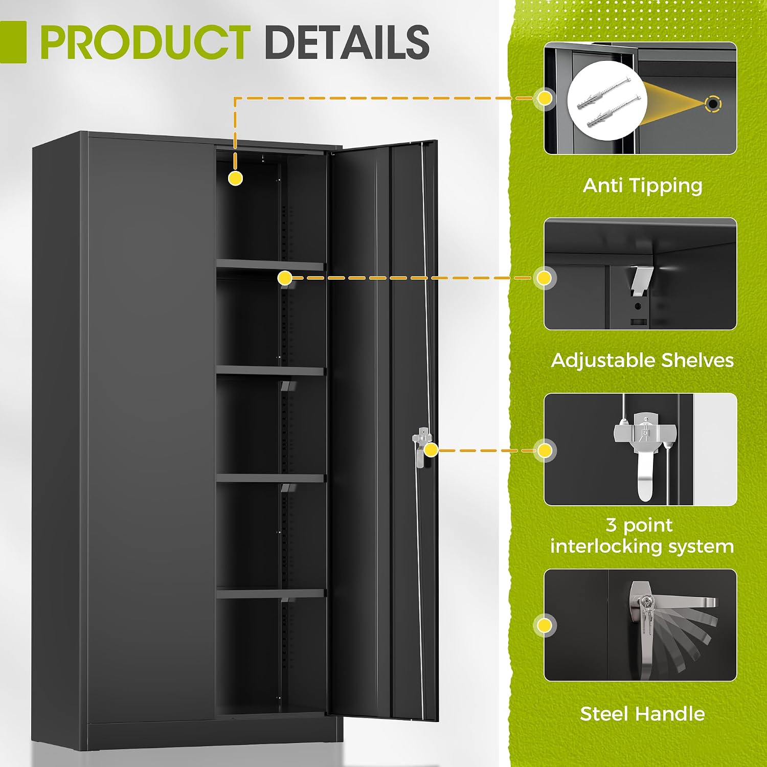 Greenvelly Metal Lockable Storage Cabinet, 72' Tall Storage Cabinet with 2 Doors and 4 Adjustable Shelves for Office, Home, Garage, Pantry (Assembly Required, 18'D, Black)