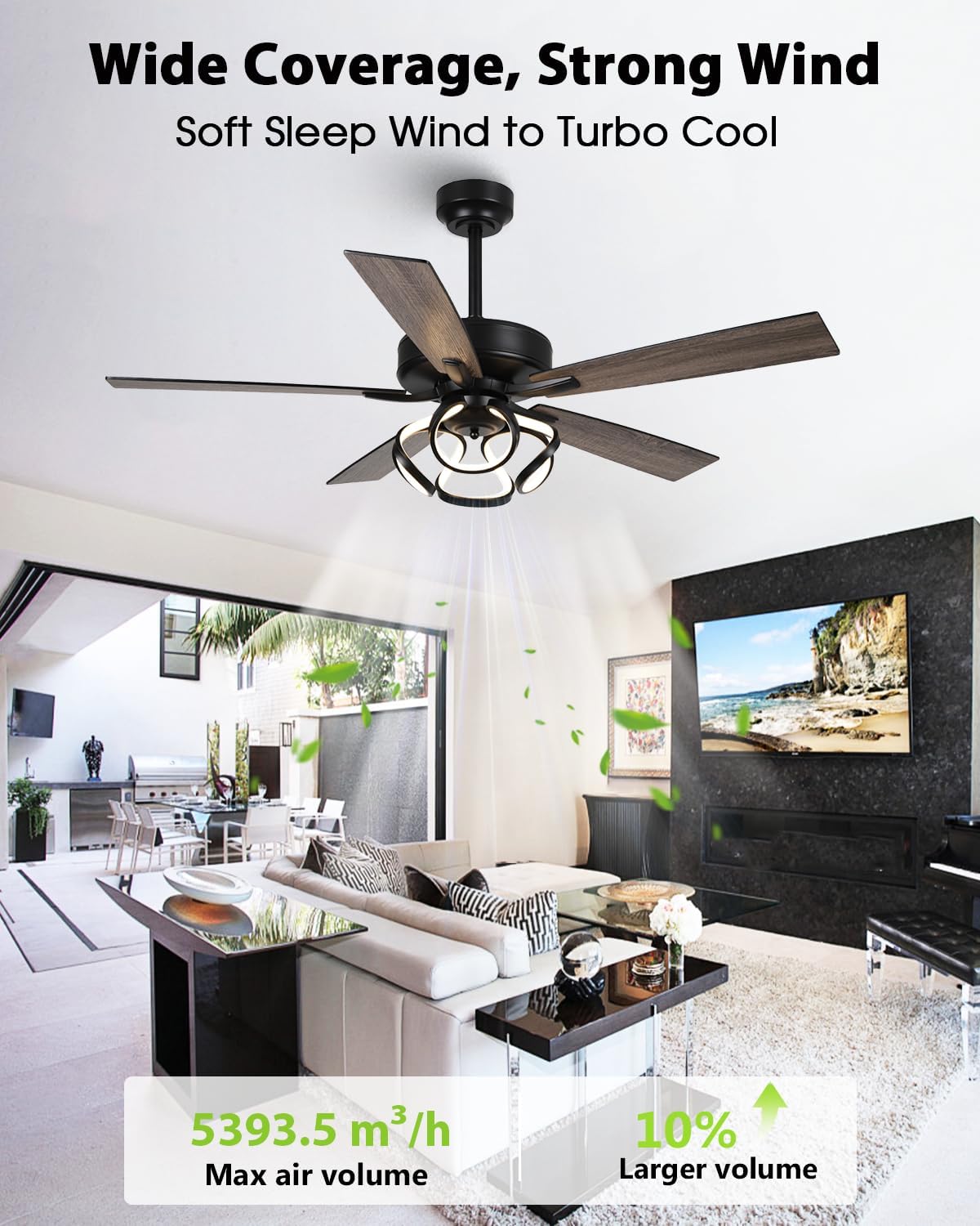 52 Inch Ceiling Fans with Lights, Creative Modern Black Ceiling Fan and Remote, Dimmable, 6 Speeds, Quiet, Dual-Sided Reversible 5 Blades Indoor Outdoor Chandelier Fan for Bedroom Living Room