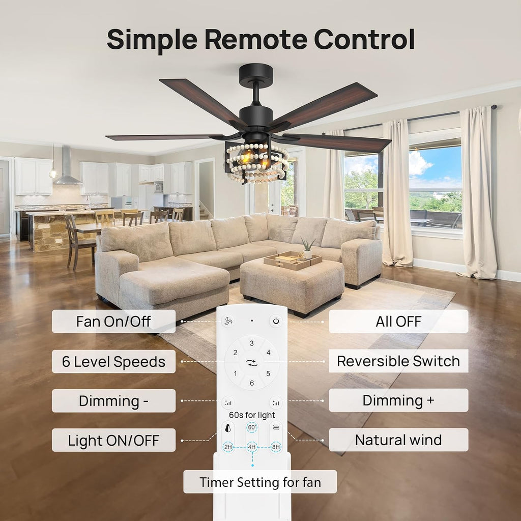Consciot Boho Ceiling Fans with Lights Remote 52 Inch, Farmhouse Caged Ceiling Fan, 5 Double Finish Wood Blades, Reversible DC Motor, Rustic Ceiling Fan for Living Rooms, Bedrooms, Porch, Boho Decor