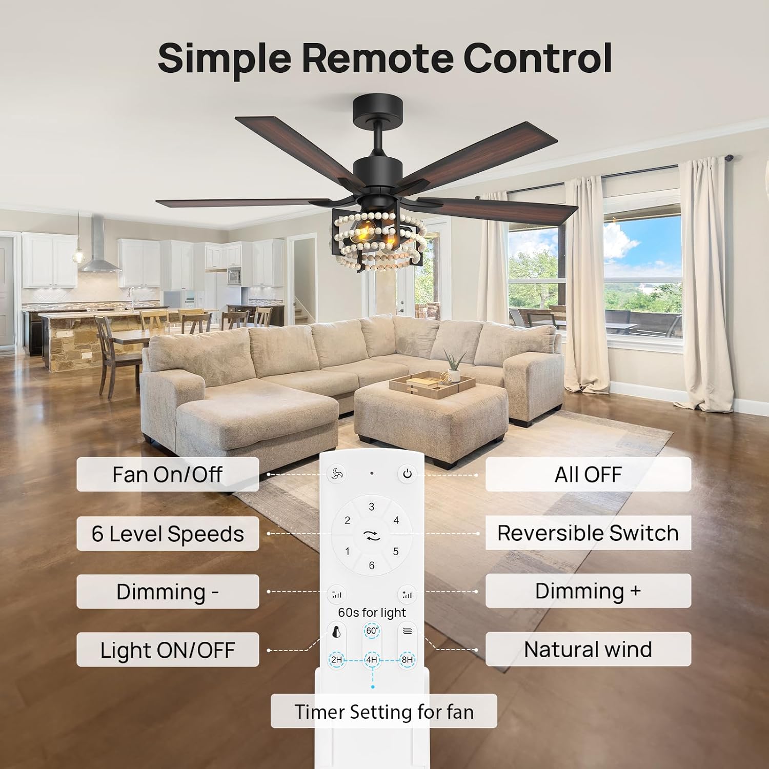 Consciot Boho Ceiling Fans with Lights Remote 52 Inch, Farmhouse Caged Ceiling Fan, 5 Double Finish Wood Blades, Reversible DC Motor, Rustic Ceiling Fan for Living Rooms, Bedrooms, Porch, Boho Decor