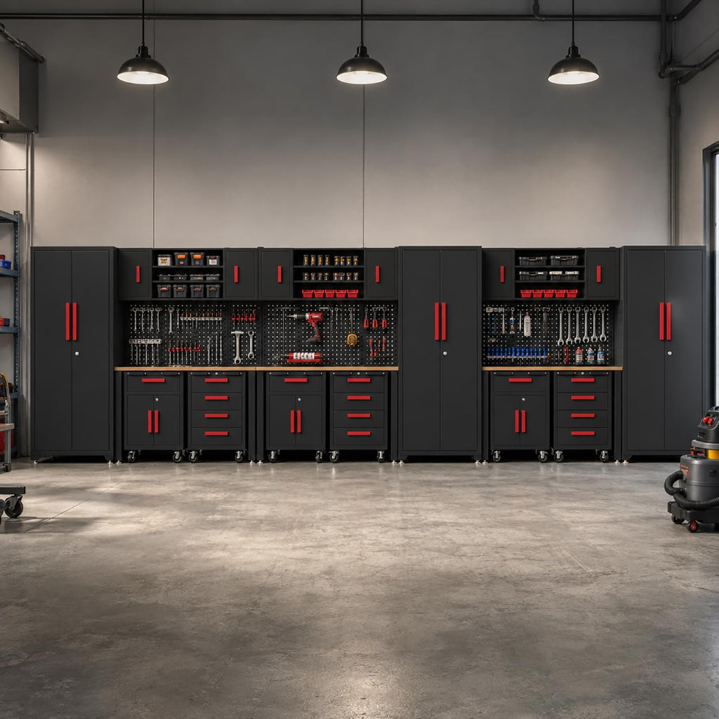 Garage Storage Cabinet System,18Pack Garage Cabinets and Storage System Included Steel Drawers Rolling Chest,Locked Storage Cabinet, Perfect for Organizing Garage and Tools, Red Handle