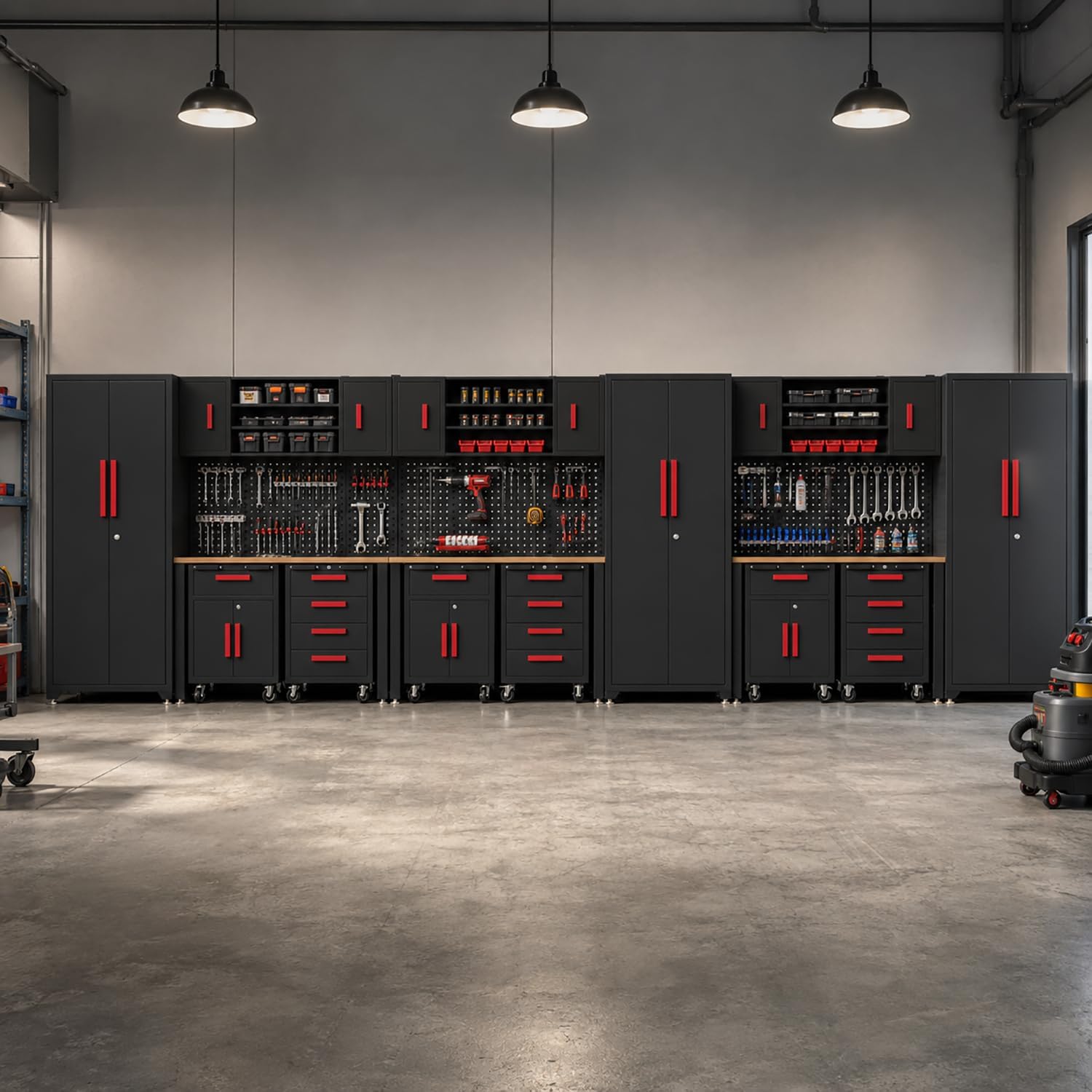 Garage Storage Cabinet System,18Pack Garage Cabinets and Storage System Included Steel Drawers Rolling Chest,Locked Storage Cabinet, Perfect for Organizing Garage and Tools, Red Handle
