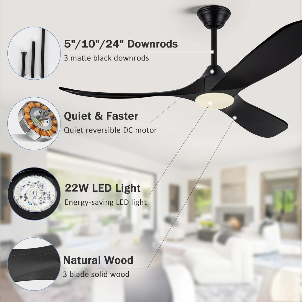 52 Inch Black Ceiling Fans with Lights, Modern Ceiling Fan for Patios with Remote Control, 3 Blades Large Airflow Damp Rated Wood Ceiling Fan for Farmhouse Bedroom, High Low Sloped Ceiling