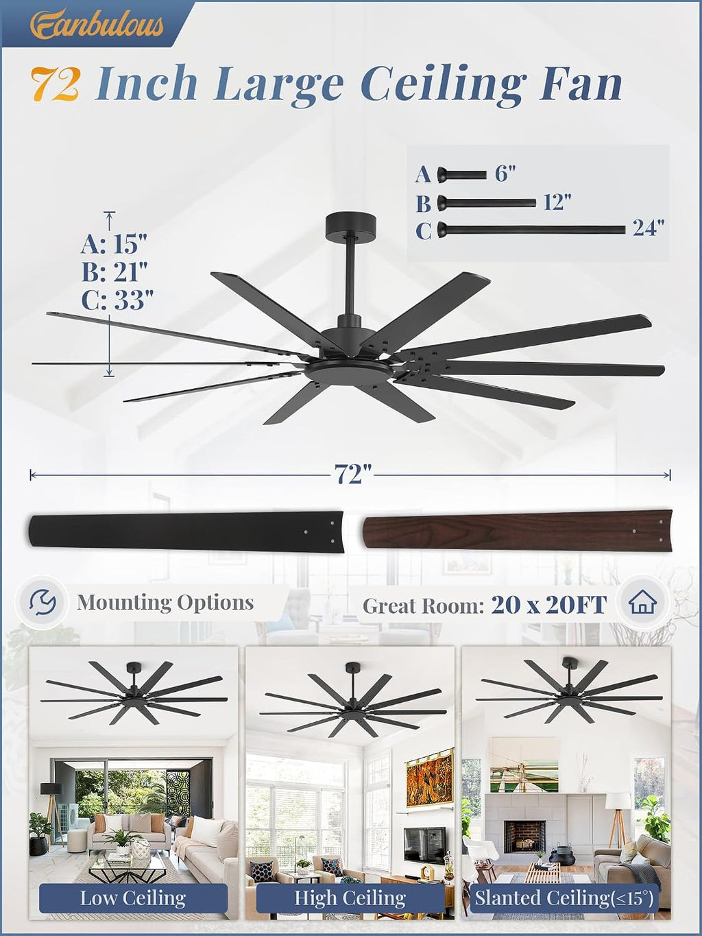 Fanbulous 72 Inch Large Ceiling Fan Without Light, Modern Indoor/Outdoor Ceiling Fans No Light with Remote,6-Speed Reversible Quiet DC Motor, 10 Blade for Bedroom,Living Room,Patio,Garage(Black)
