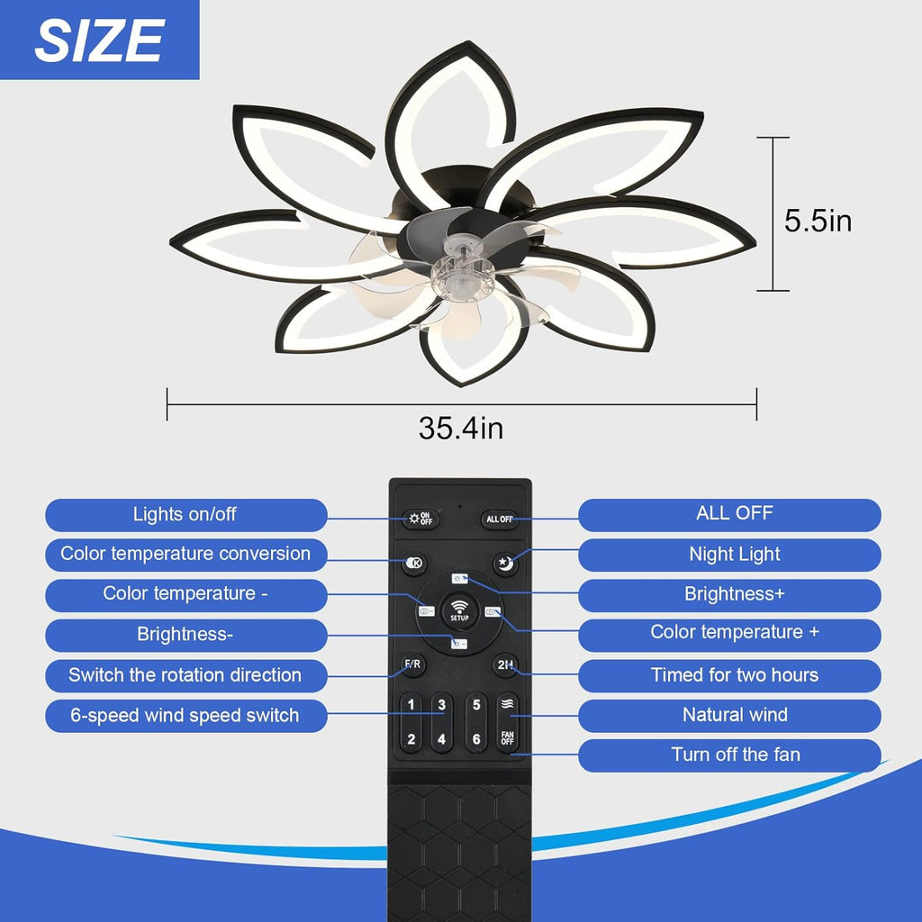 35' Geometric Ceiling Fan with Light Remote Control, 6 Speeds 3 Colors, Black Low Profile Flush Mount Ceiling Fan for Kitchen Bedroom Living Room