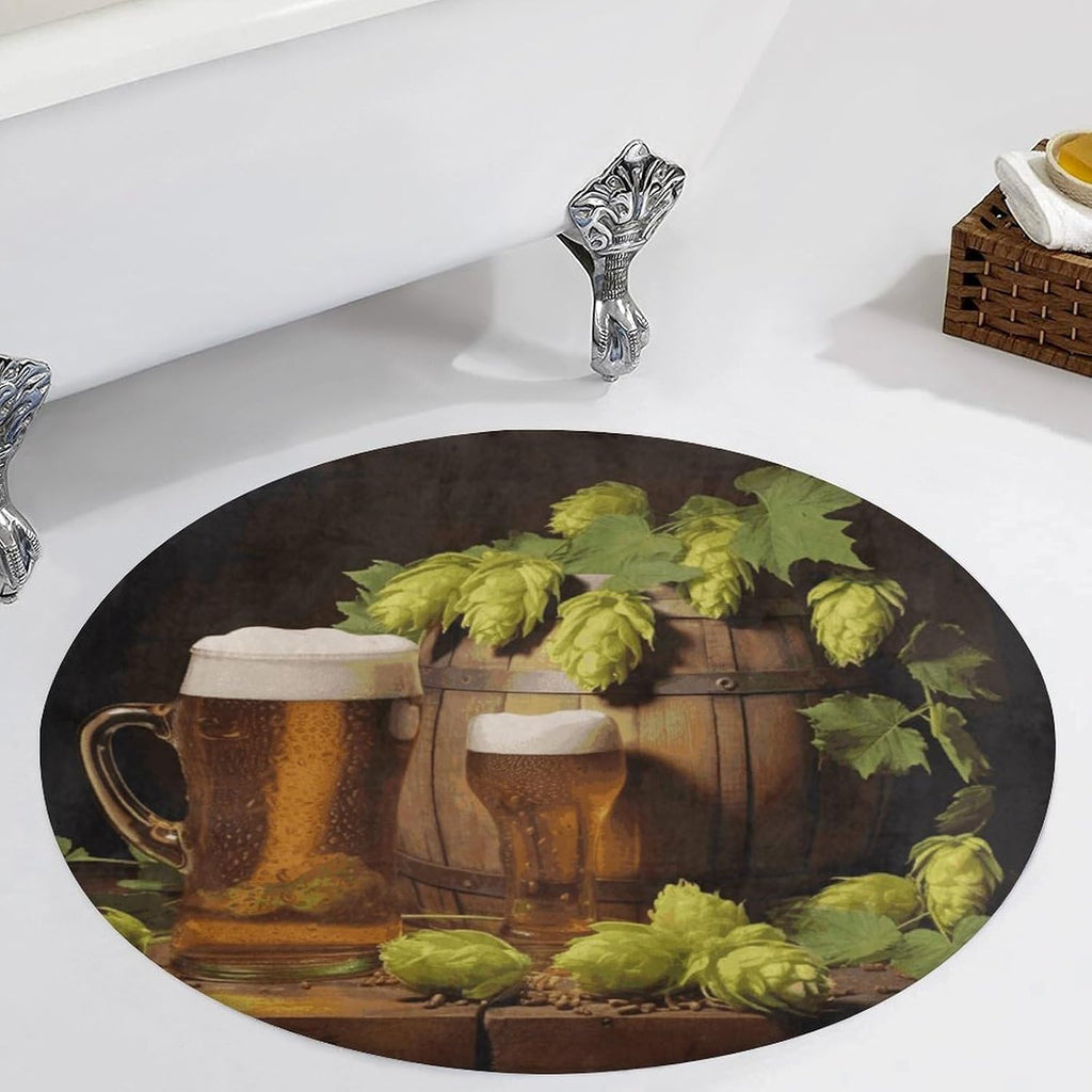 Beer and Hop Cones Coral Velvet Round Floor Mat Non-Slip Bath Rug Floor Covering for Bathroom Vanity Guest Suite & Vacation Home