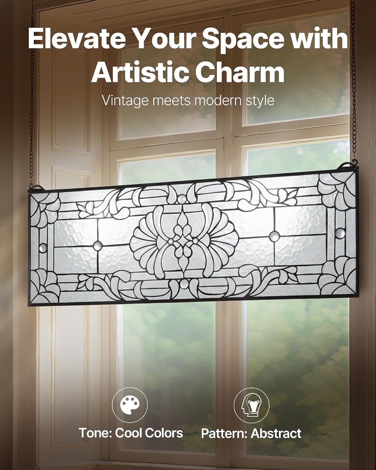 VEVOR Stained Glass Window Panel, 35.2' x 13' Tiffany Style Hanging Transom Window Panel with Chain, Large Horizontal Rectangle Stain Glass, Vintage Traditional Art Handcrafts for Kitchen Home Decor