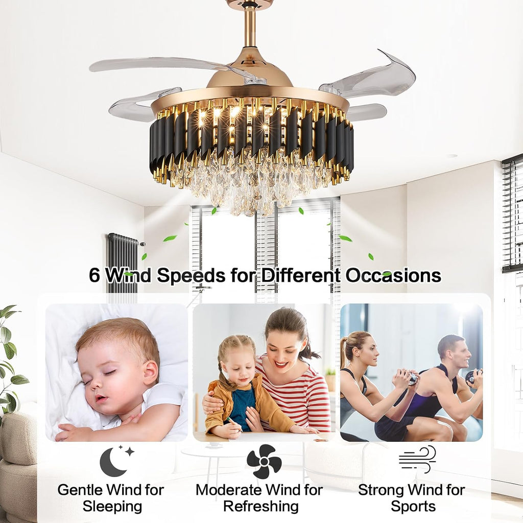 36' Dimmable Black and Gold Crystal Chandelier with Fan, Gold Fandelier Ceiling Fans with Lights and Remote Modern Retractable Blade Ceiling Fans for Dinning Room Living Room Kitchen