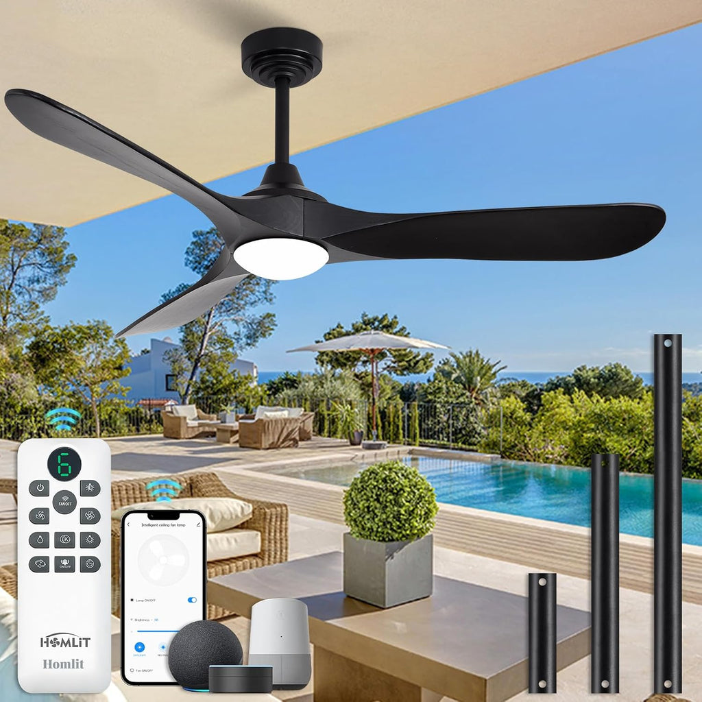 52' Outdoor Ceiling Fan with Light and Remote via WiFi Alexa, 3 Black Solid Wood Blade, Noiseless Reversible Dc Motor, Smart Outdoor Wood Ceiling Fan for Farmhouse Patios, Black