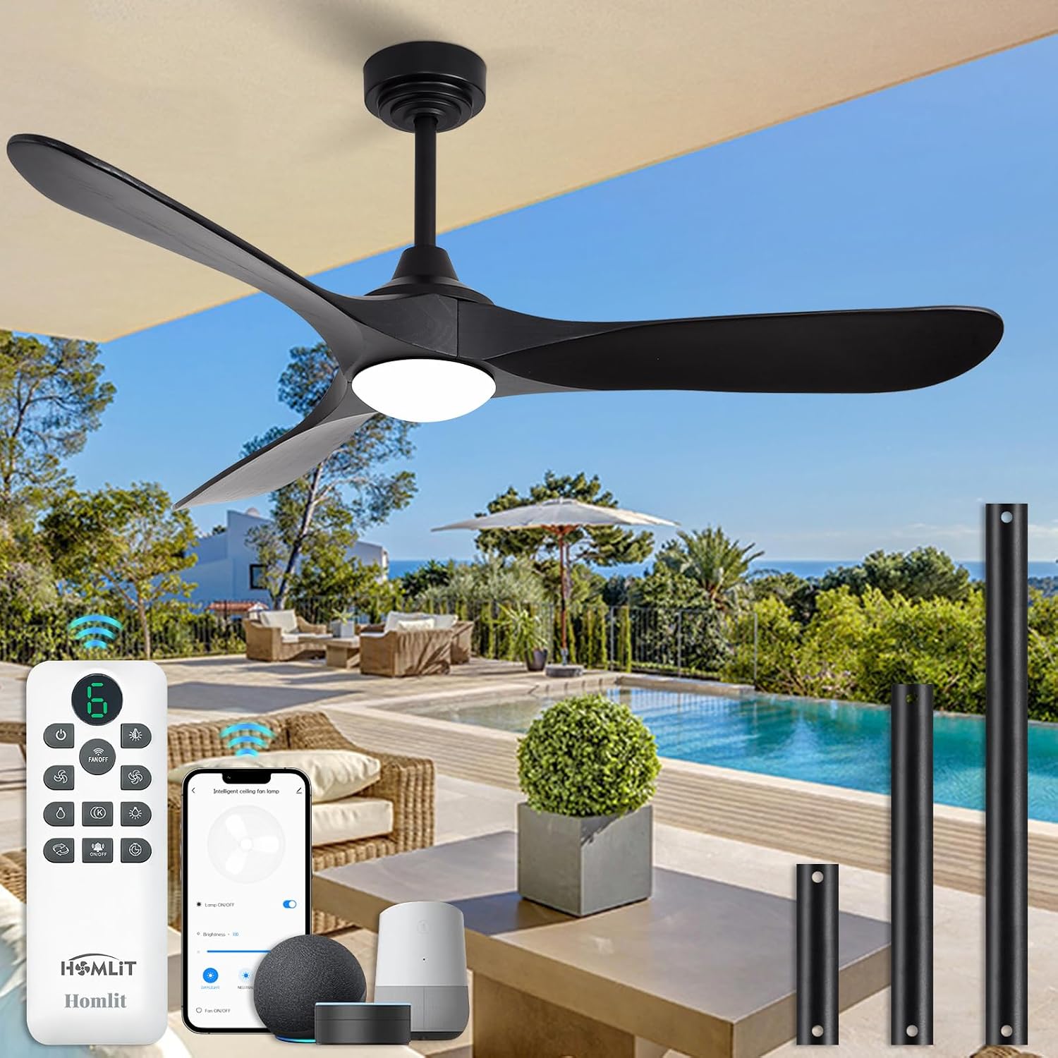 52' Outdoor Ceiling Fan with Light and Remote via WiFi Alexa, 3 Black Solid Wood Blade, Noiseless Reversible Dc Motor, Smart Outdoor Wood Ceiling Fan for Farmhouse Patios, Black