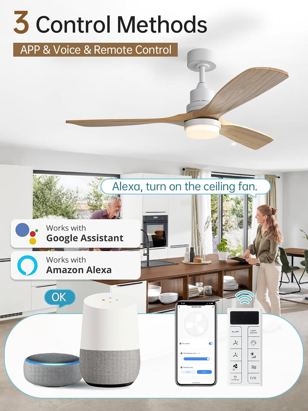 Sofucor 52 Inch Smart Ceiling Fans with Lights and Alexa/Google Assistant/APP/Remote Control-Modern Solid Wood Outdoor 3 Blades Ceiling Fan for Indoor/Bedroom/Living Room/Kitchen/Patio, Natural Wood