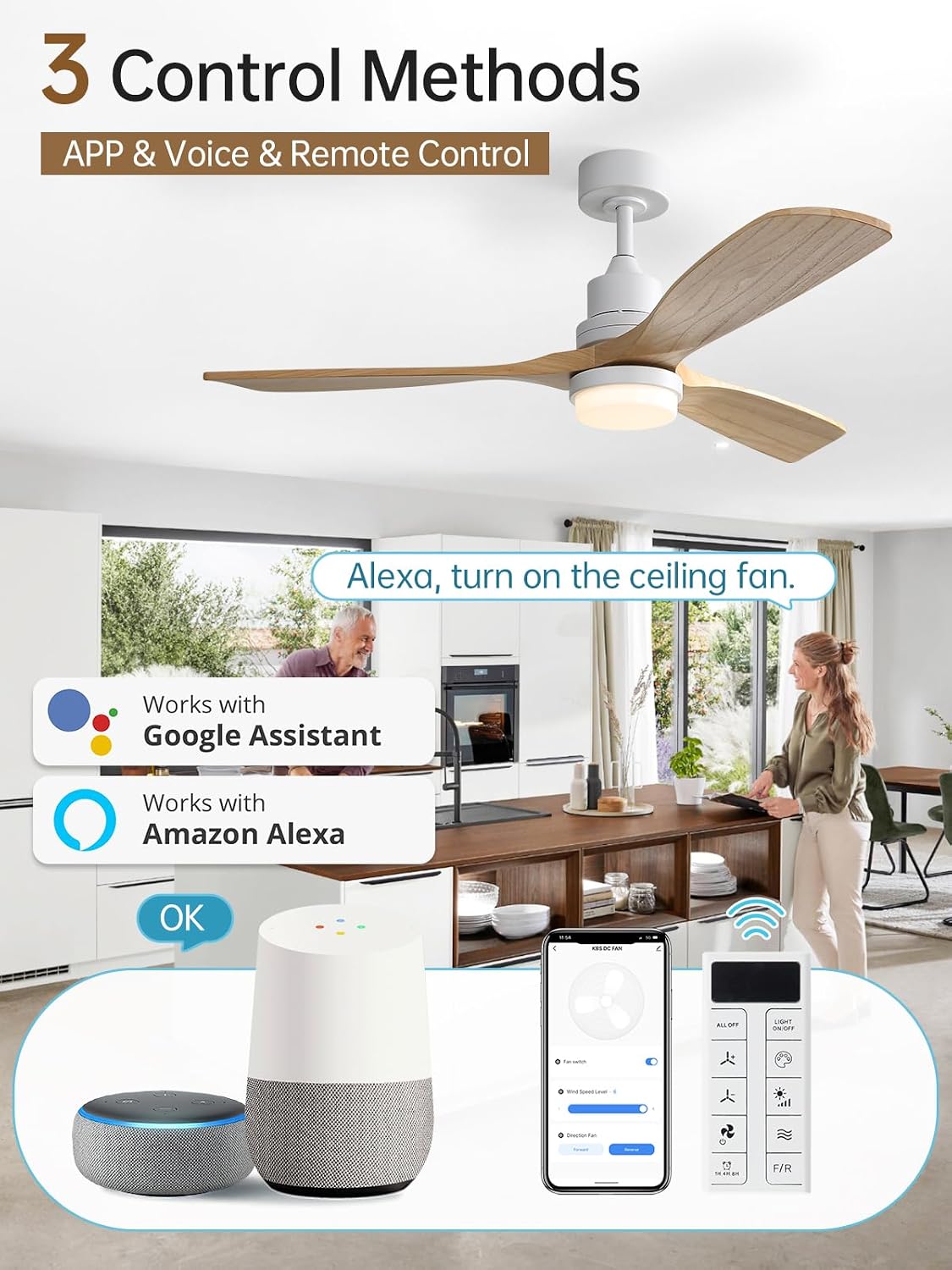 Sofucor 52 Inch Smart Ceiling Fans with Lights and Alexa/Google Assistant/APP/Remote Control-Modern Solid Wood Outdoor 3 Blades Ceiling Fan for Indoor/Bedroom/Living Room/Kitchen/Patio, Natural Wood