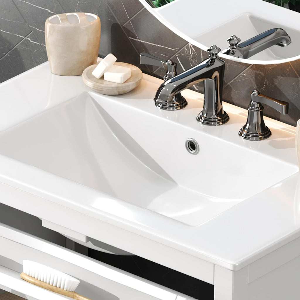 30' Bathroom Vanity with Sink, Bathroom Sink with Cabinet, Adjustable Interior Shelf, Convenient Tip-Out Tray, Silver Metal Knobs, A Modern and Practical Choice for Guest Suites