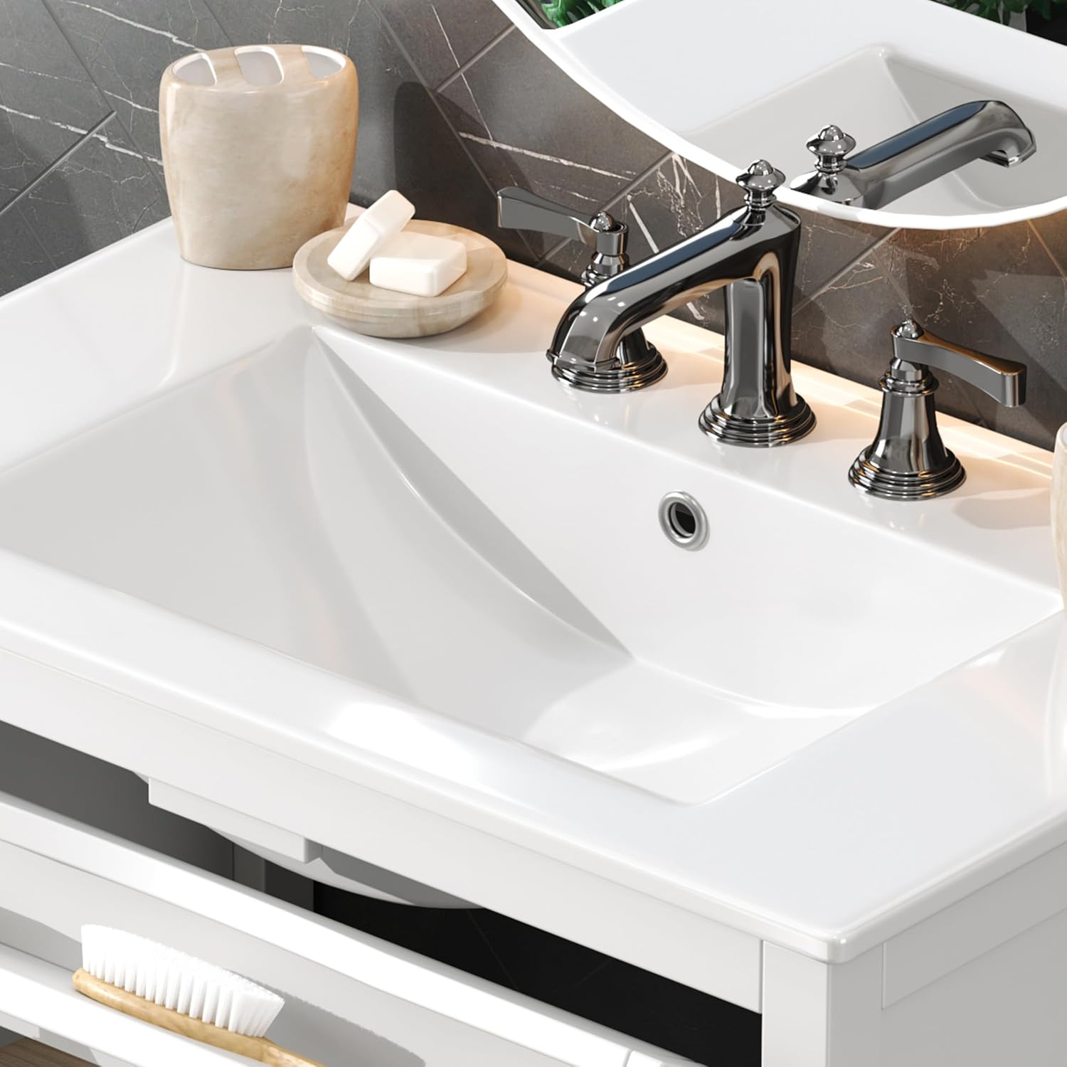 30' Bathroom Vanity with Sink, Bathroom Sink with Cabinet, Adjustable Interior Shelf, Convenient Tip-Out Tray, Silver Metal Knobs, A Modern and Practical Choice for Guest Suites