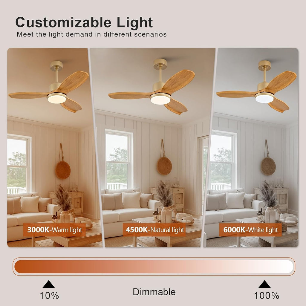 KBZZ 42 Inch Ceiling Fans with Lights and Remote, Solid Wood Blades, Dimmable, Reversible DC Motor, Memory Function, Modern Indoor Outdoor Ceiling Fan with Light for Patio Bedroom (Gold)