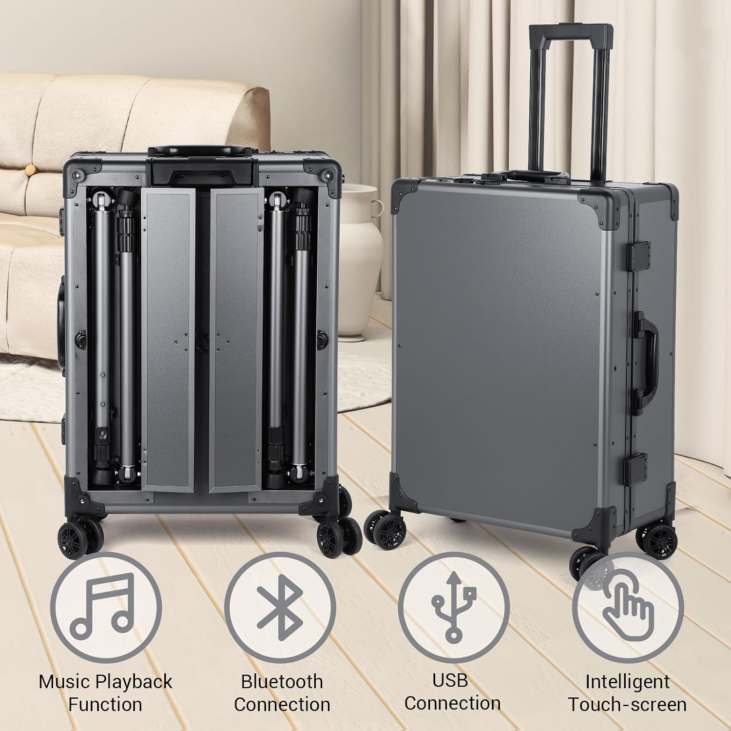 Rolling Makeup Train Case with Lighted Mirror and Bluetooth Speaker Professional Cosmetic Organizer Case with Wheels, Stands Portable Makup Station Vanity for Travel (Gray, Large)