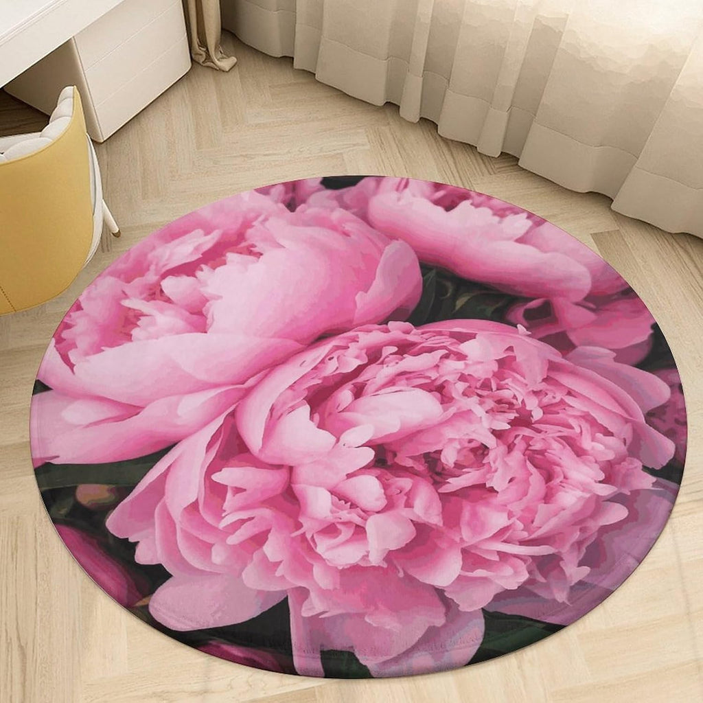 Pink Peony Coral Velvet Round Floor Mat Non-Slip Bath Rug Floor Covering for Bathroom Vanity Guest Suite & Vacation Home