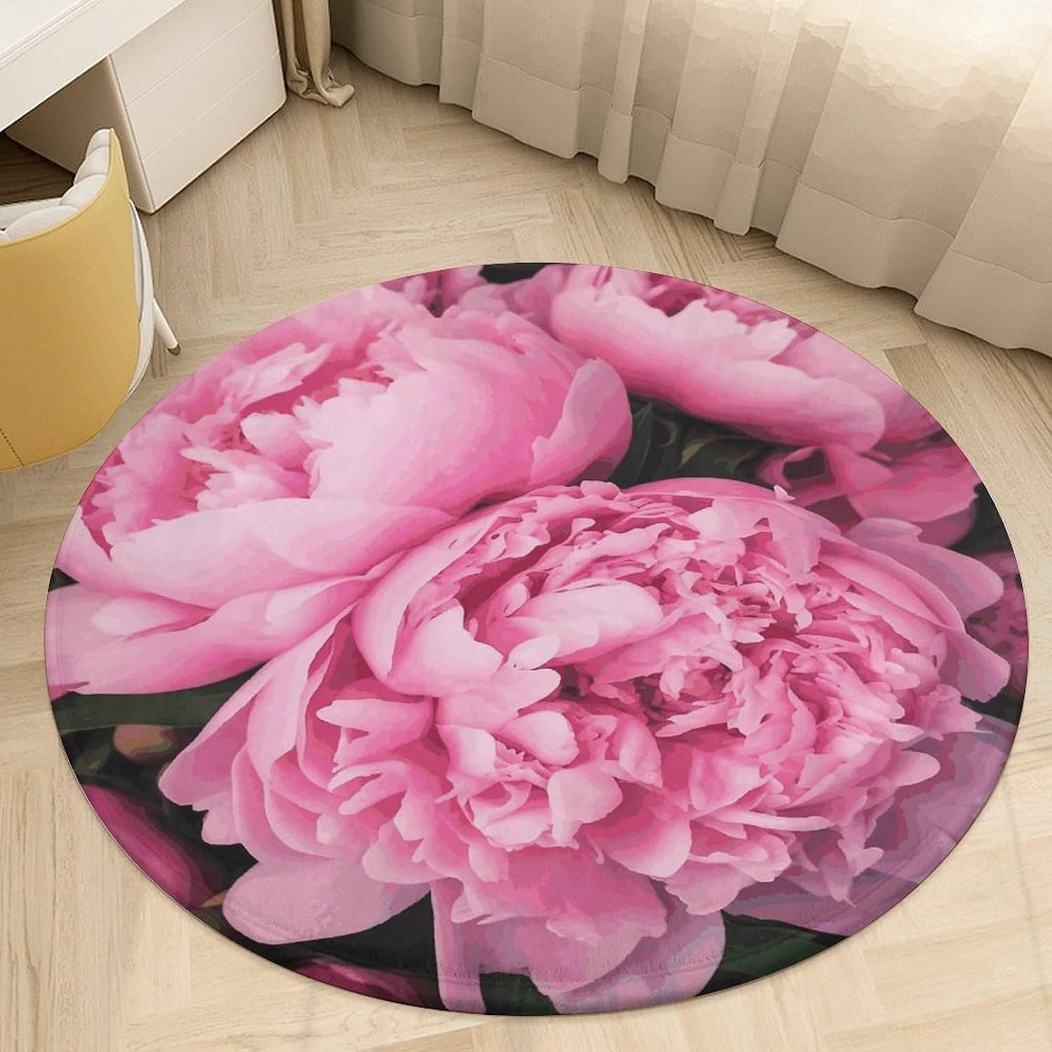 Pink Peony Coral Velvet Round Floor Mat Non-Slip Bath Rug Floor Covering for Bathroom Vanity Guest Suite & Vacation Home