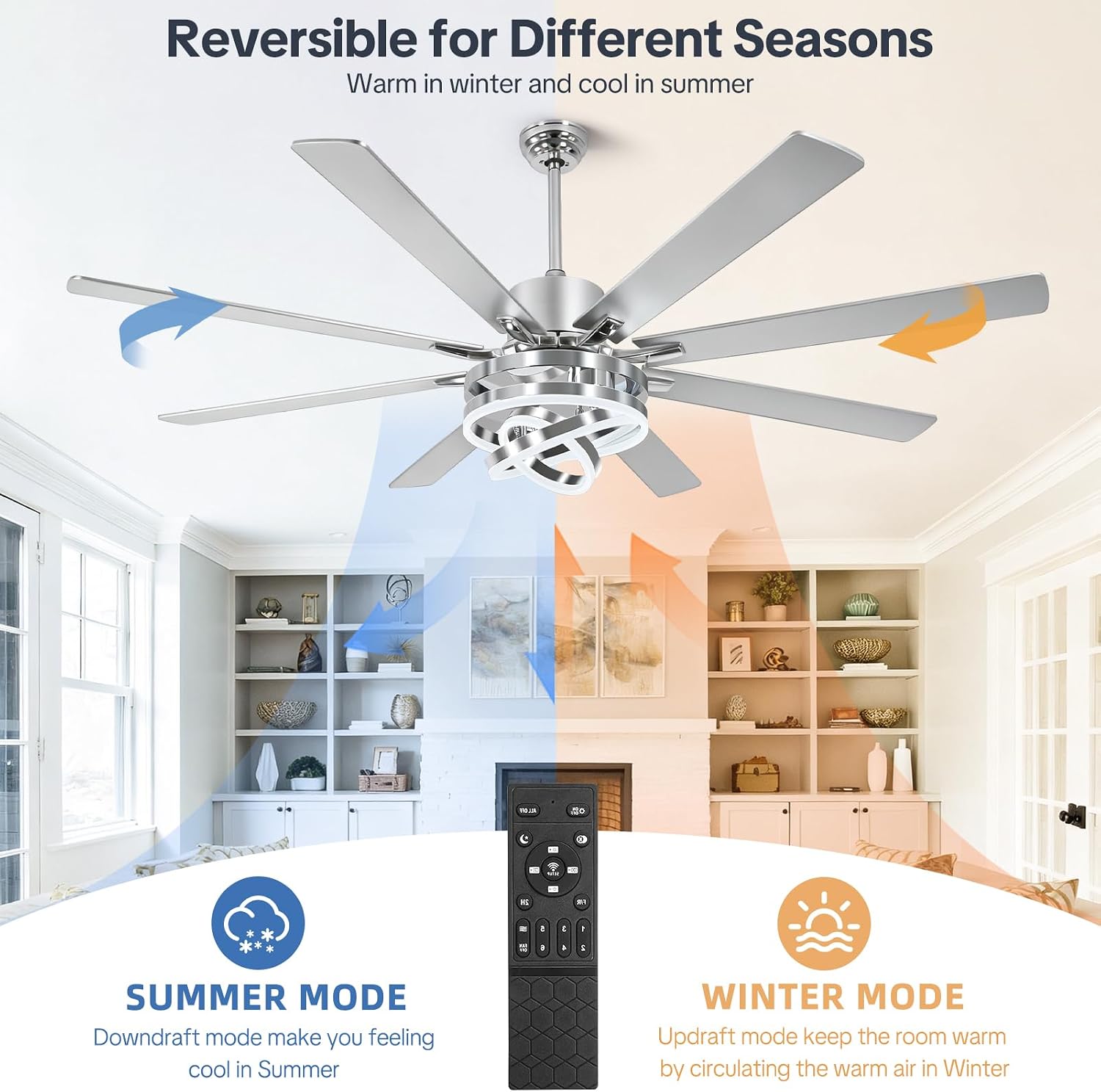 72' Ceilling Fans with Lights, Chandelier Fan Modern DC Motor Dimmable Led Fandelier Ceiling Fan with Light for Bedroom, Living Room, Indoor/Outdoor, Silver