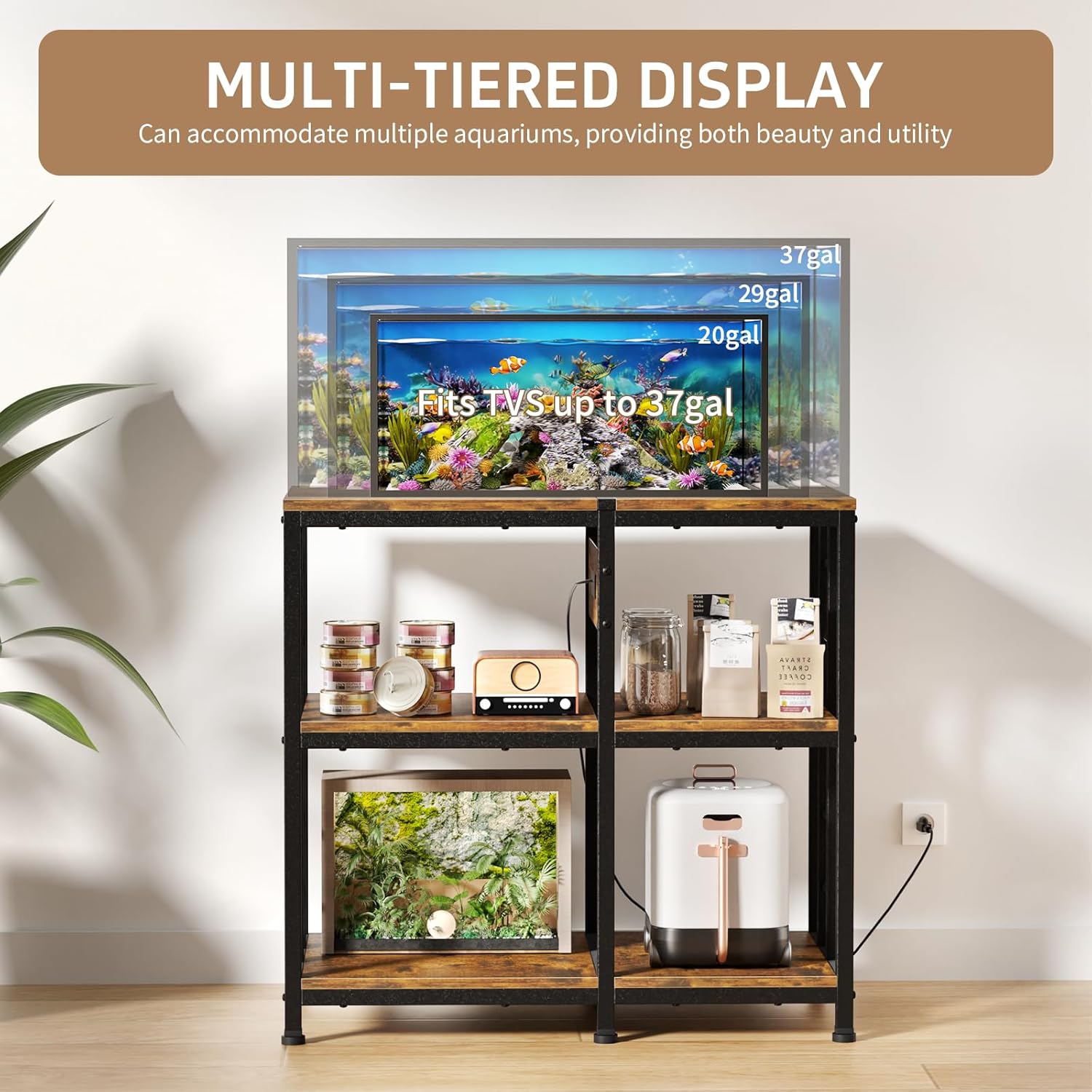 20-29 Gallon Fish Tank Stand with Power Strip, 3-Tier Metal Aquarium Stand, 31.5' L x 16.5' W for 20 Gallon Long Aquarium, 400 lbs Capacity, Retro Brown