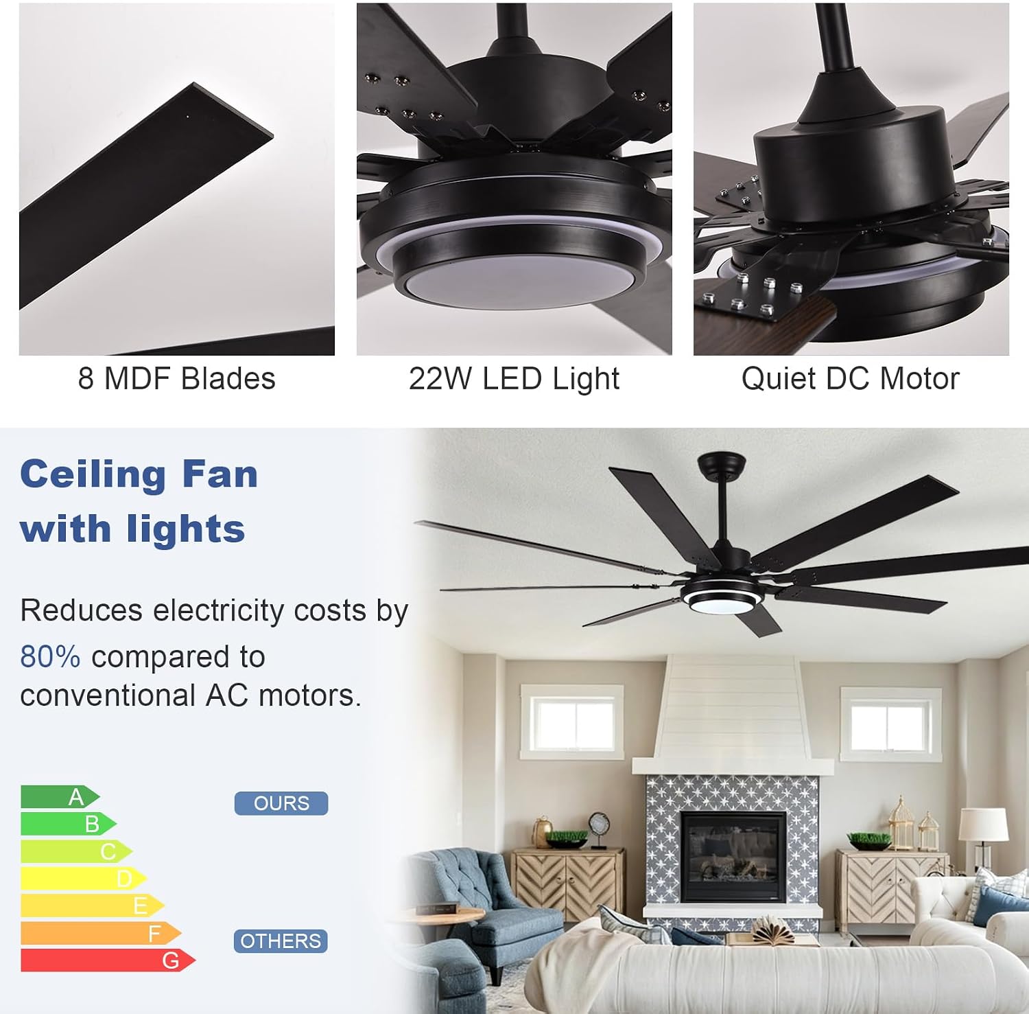 Depuley 72-Inch Ceiling Fan with Light: Walnut Ceiling Fans with 8 Blades Dual Finish Reversible - Large Ceiling Fan with Remote Control Noiseless for Farmhouse Living Room Outdoor Patios
