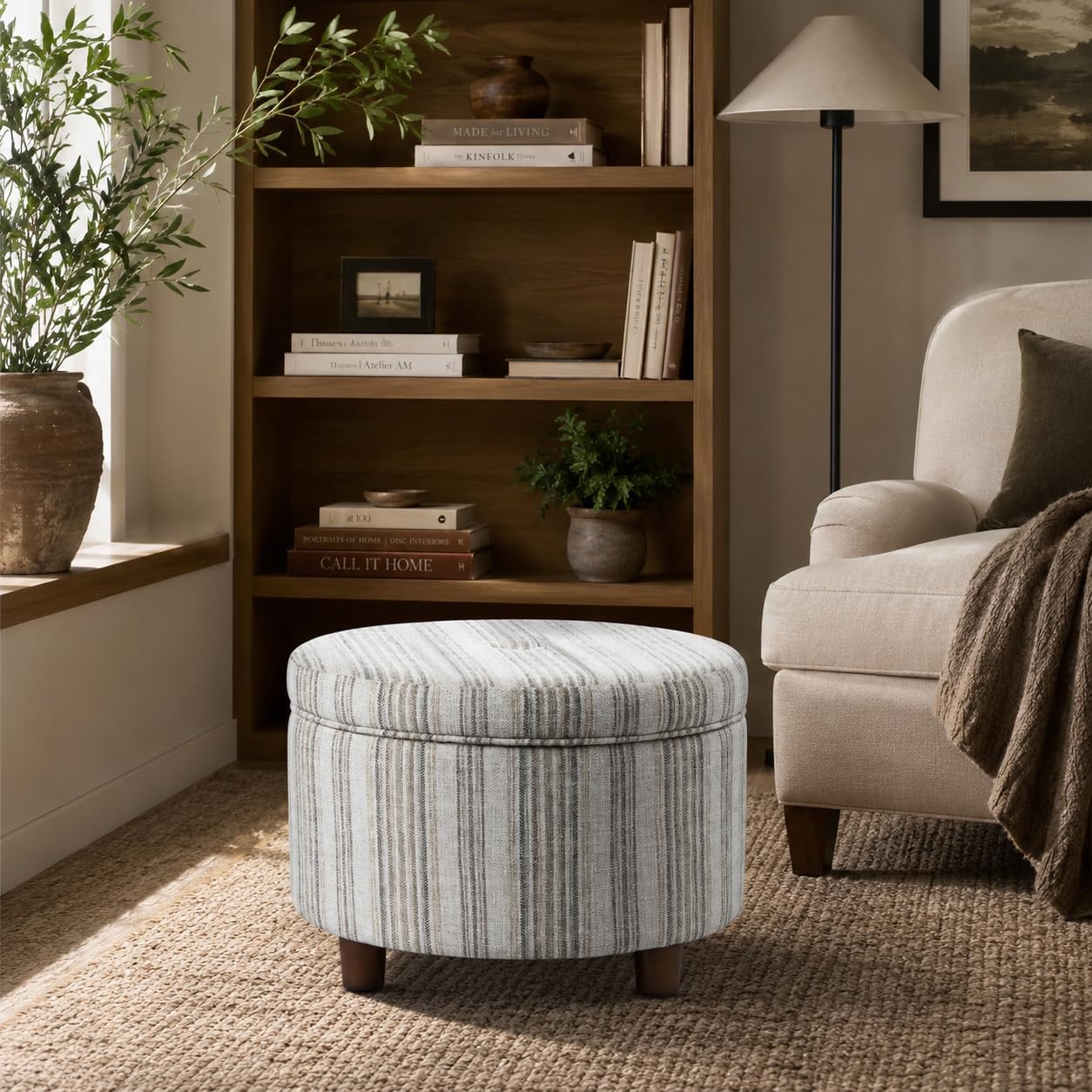 HomePop 24' Large Round Storage Ottoman - Gray Striped Pattern