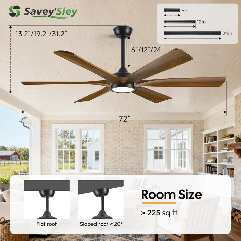 72 Inch Outdoor Ceiling Fan with Light for Patio, Smart Alexa/APP/Remote Control, 6 Brown Wood Blades Damp Rated, Large Airflow Quiet Reversible DC Motor, for Indoor Covered Exterior Farmhouse Bedroom