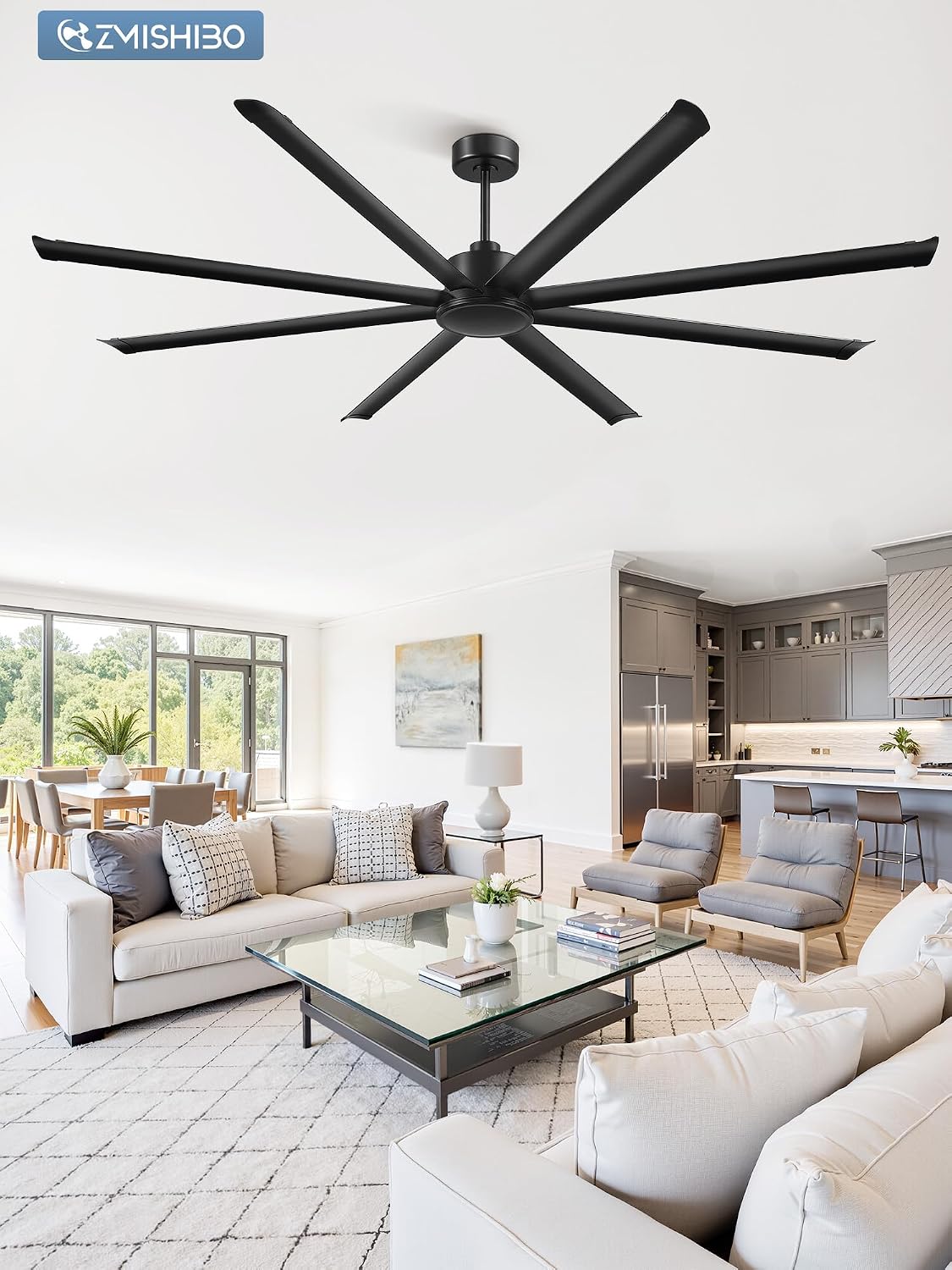 ZMISHIBO 96' Large Industrial Ceiling Fans No light with Aluminum 8 Blades, Commercial HVLS Ceiling Fan without Light,Quiet DC Motor,6 Speeds, Indoor Outdoor Ceiling Fan for Patio, Garage Shop,Black