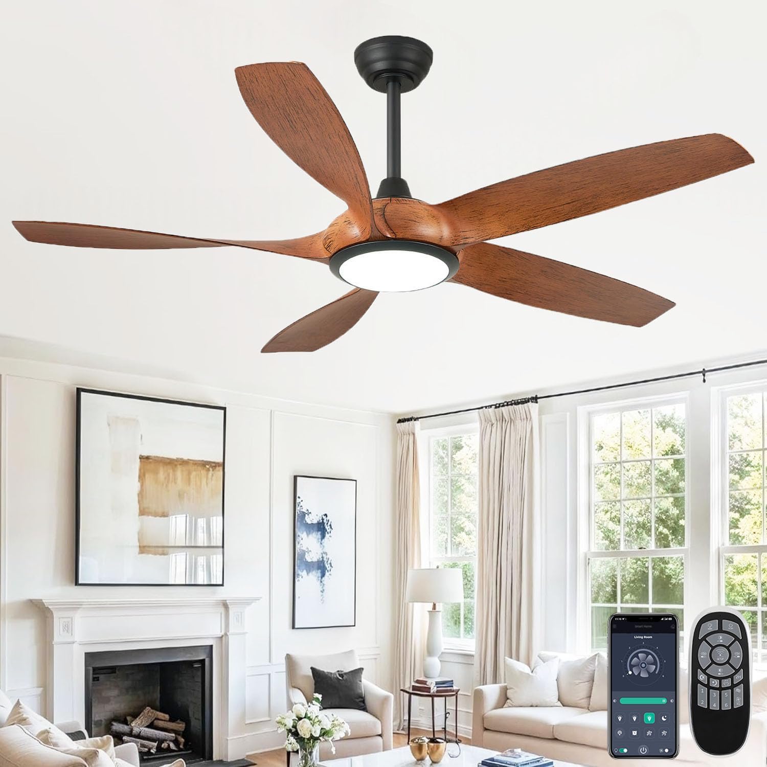 54'' Ceiling Fans with Lights, Indoor/Outdoor Modern Ceiling Fan with Remote, 5 ABS Blades, Reversible DC Motor, 6 Speeds, 3 Color Lights, ETL Listed, for Bedroom Living Room (Walnut)