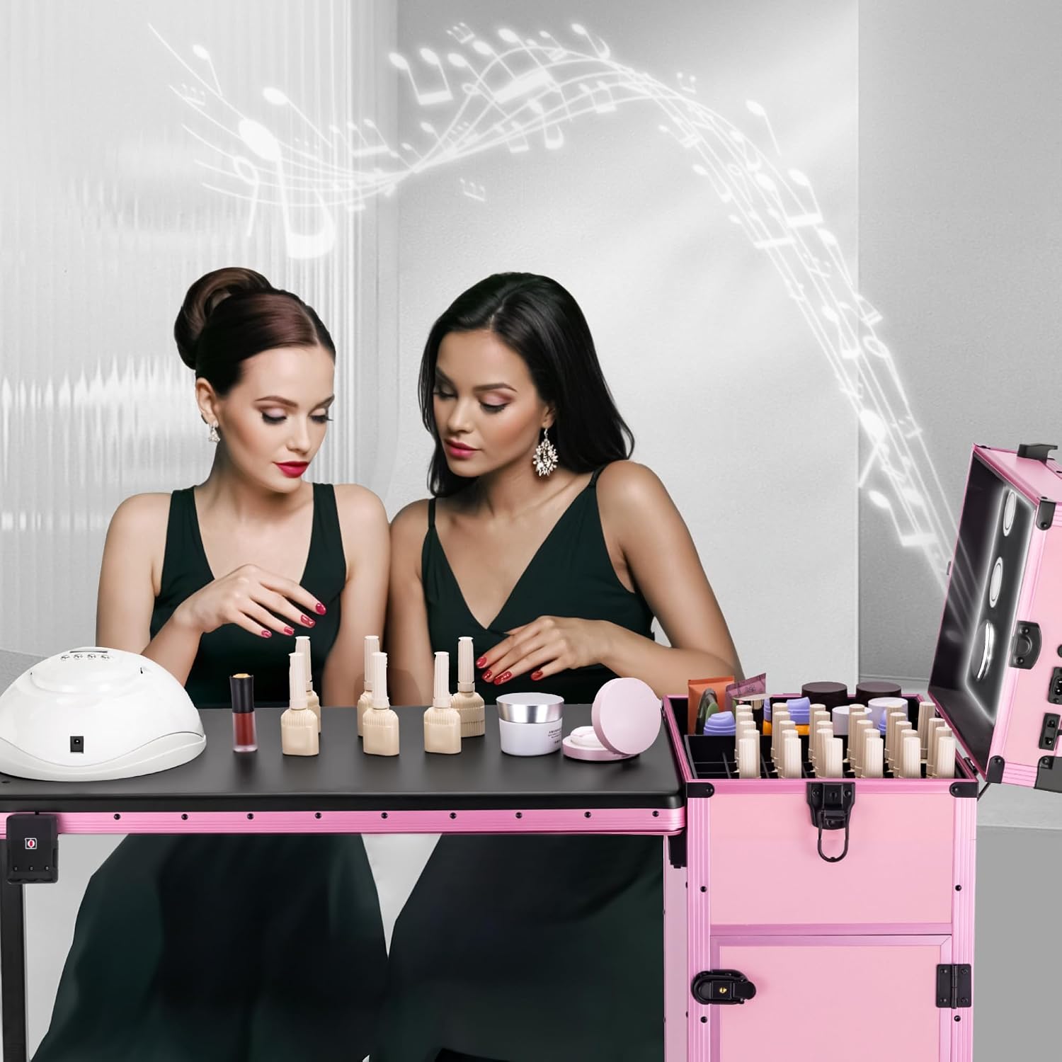 Portable Manicure Table 3 Drawers, Rolling Lockable Makeup Train Case with Blueteeth Speaker and Nail Polish Organizer, Foldable Nail Desk with Mirror & TSA Lock for Nail Tech and Salon Use
