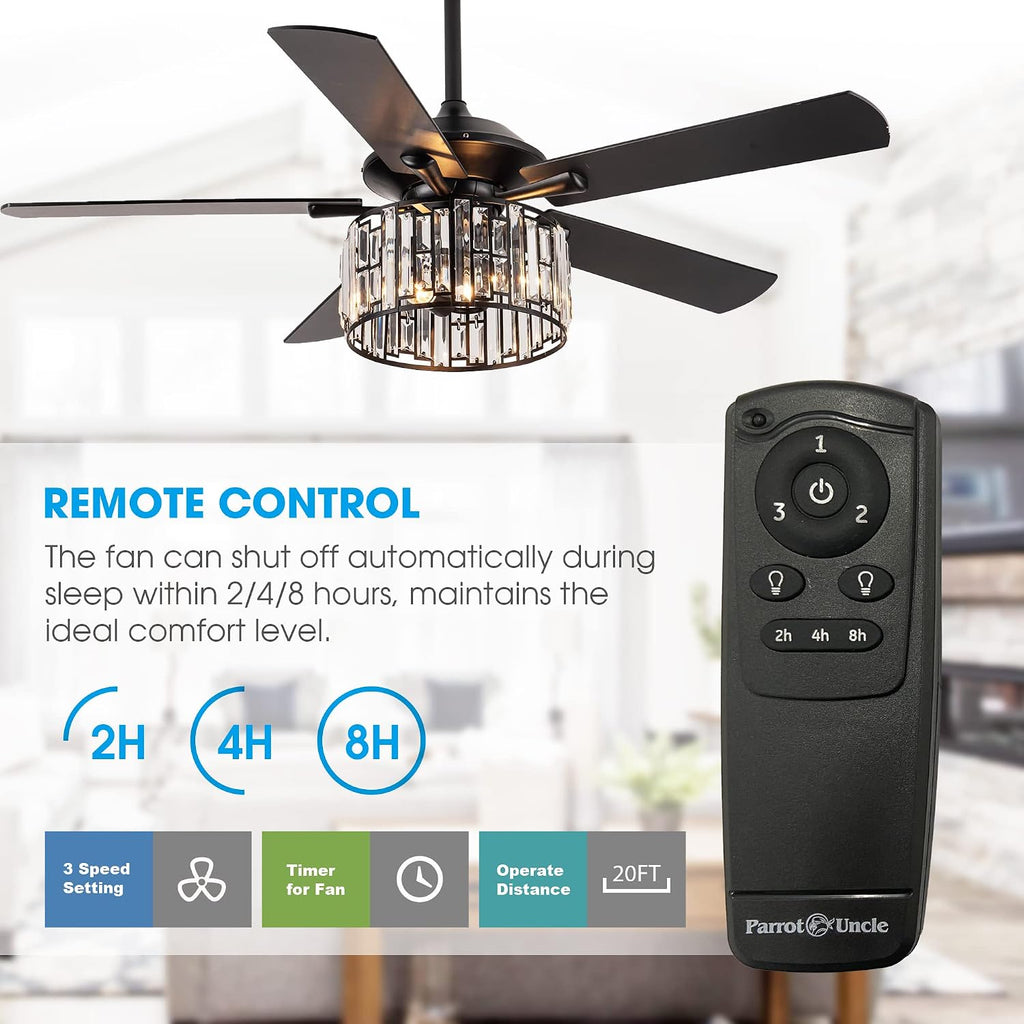 Parrot Uncle Ceiling Fans with Lights and Remote Black Ceiling Fan with Light for Bedroom Crystal Chandelier Fans, Reversible Motor, Timer, E26 Lamp Base, 52 Inch