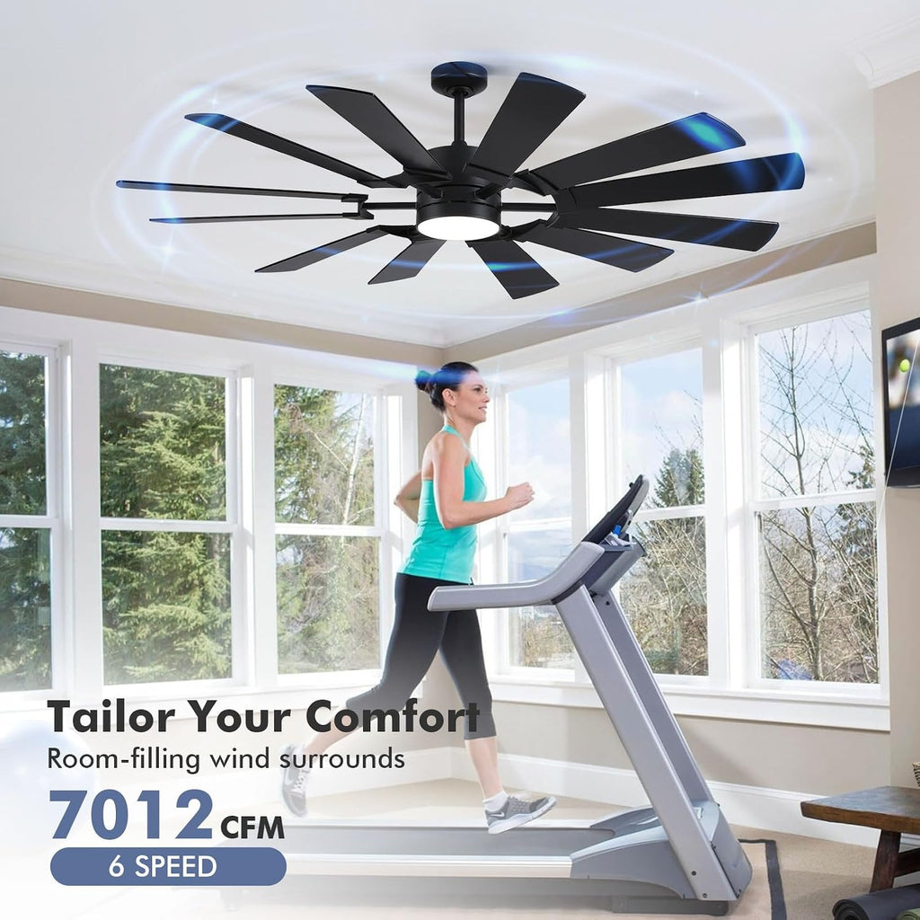 62 Inch Outdoor Ceiling Fans with Lights Remote, Modern Black Industrial Ceiling Fan with Light 6 Speed Quiet Reversible DC Motor for Patio Porch Shop Garage, Indoor/Exterior, 12 Dual-finish Blade