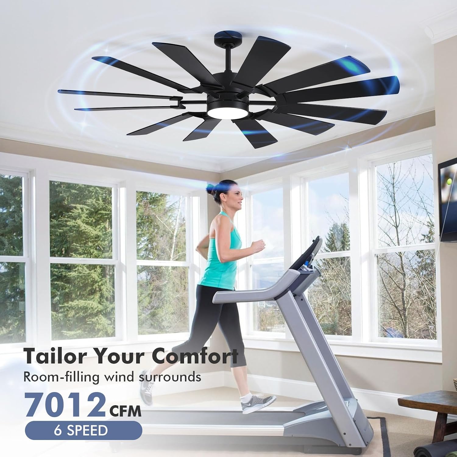 62 Inch Outdoor Ceiling Fans with Lights Remote, Modern Black Industrial Ceiling Fan with Light 6 Speed Quiet Reversible DC Motor for Patio Porch Shop Garage, Indoor/Exterior, 12 Dual-finish Blade