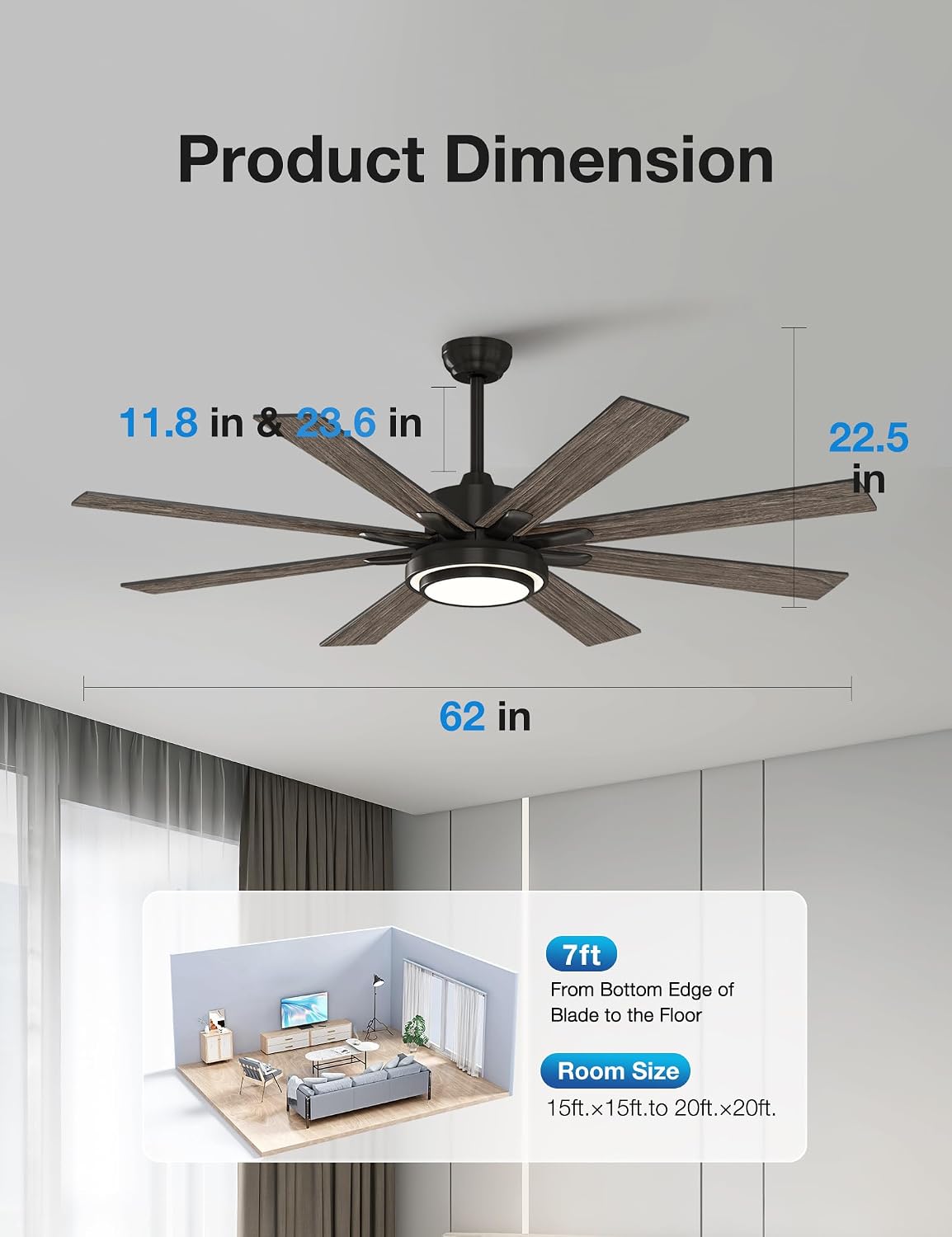 warmiplanet 62 Inch Ceiling Fan with Lights and Remote, Quiet DC Motor, Modern Indoor Ceiling Fan for Living Room Bedroom, 6 Speeds Reversible, 3-Color Dimmable LED Light, Timer