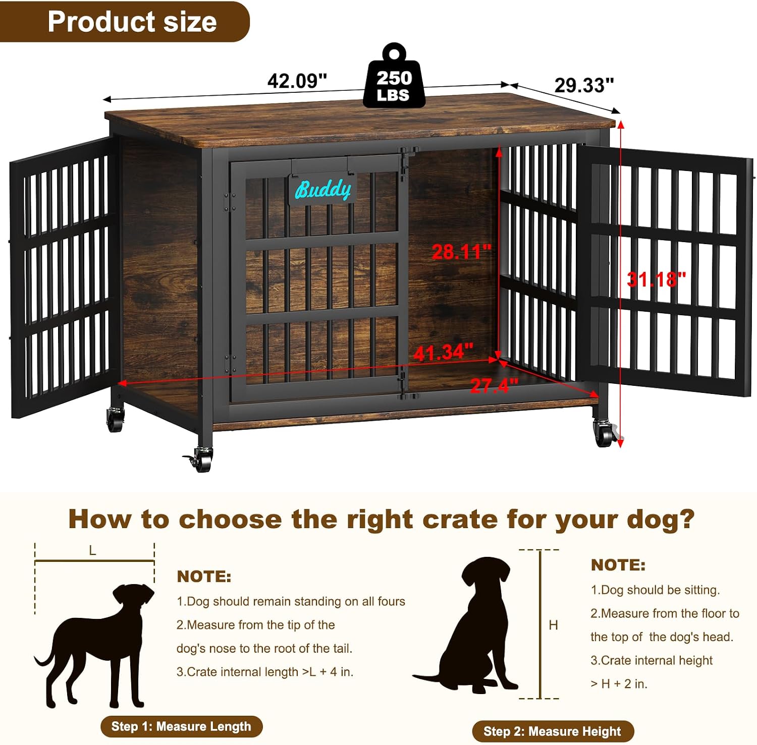 EasyCom 42'/41'/33' Dog Crate Furniture with Name Tag, XL Heavy Duty Dog Kennel Indoor for Large and Medium Dogs, Double-Doors Sturdy Dog Cage for Anxiety Dog, Decorate House as TV Stand