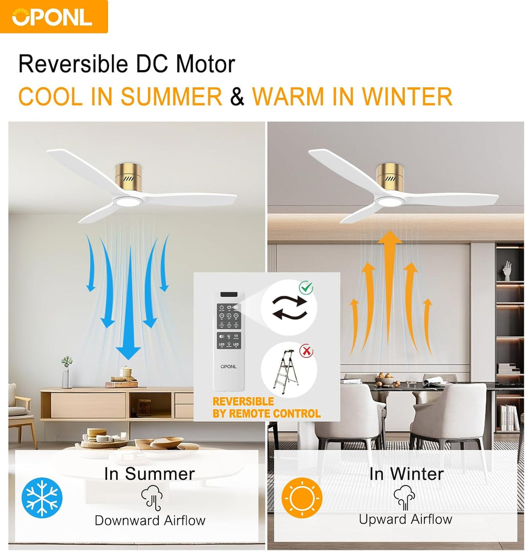 OPONL 52 Inch Natural Wood White Ceiling Fan with Light, Remote Control, Noiseless,Reversible, 6CCT, Dimmable, Timeable, Flush Mount Ceiling Fans with Lights for Bedroom,Indoor/Outdoor Use