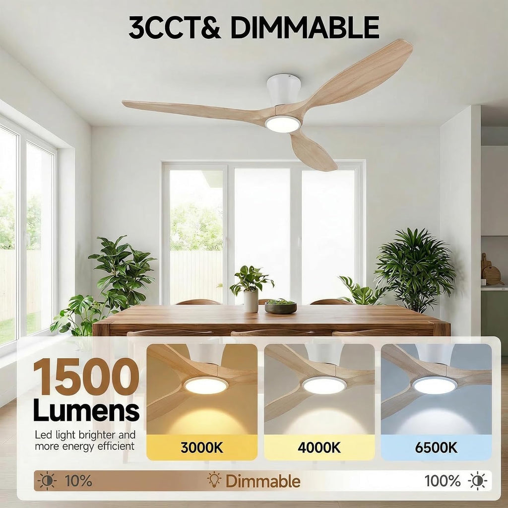 Skylike 52' Flush Mount Wood Ceiling Fan with Lights, 3 Blade Low Profile Rustic Ceiling Fan with Remote Control,Quiet Indoor/Outdoor Light Walnut Ceiling Fan for Patio,Porch, Gazebo, Bedroom
