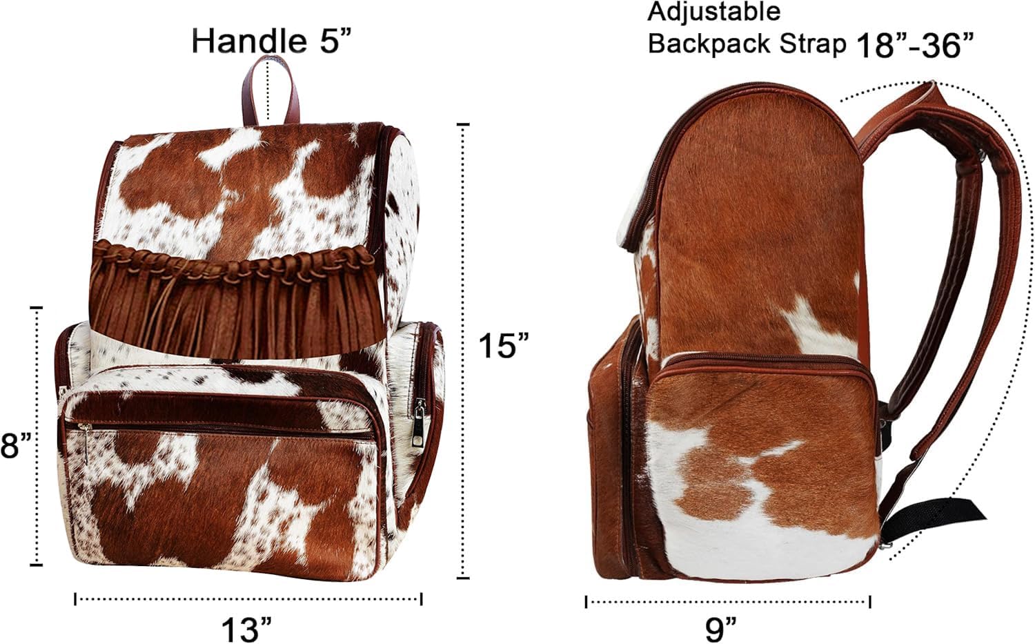 Cowhide Leather Diaper Bag – Handmade Hair-On Diaper Bags with Fringe | Artisan Cow Print Laptop Backpack for Women & Men | Western Style Travel Rucksack Knapsack