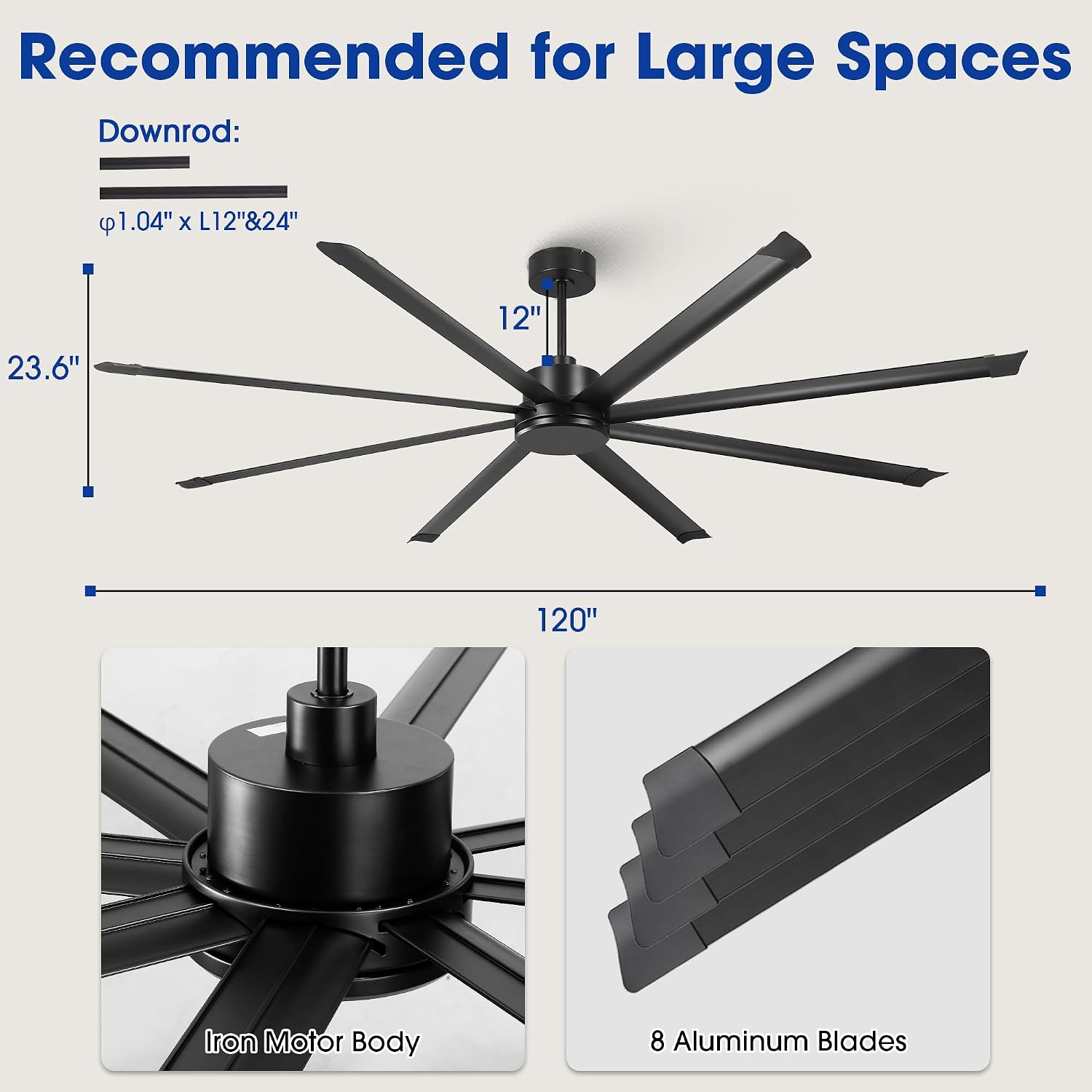Parrot Uncle 120 Inch Industrial Ceiling Fan without Light, 10 ft Large Commercial Fan for Shop Gym Living Room, High CFM Quiet DC Motor, Remote Control, Reversible 8 Aluminum Blades, Matte Black