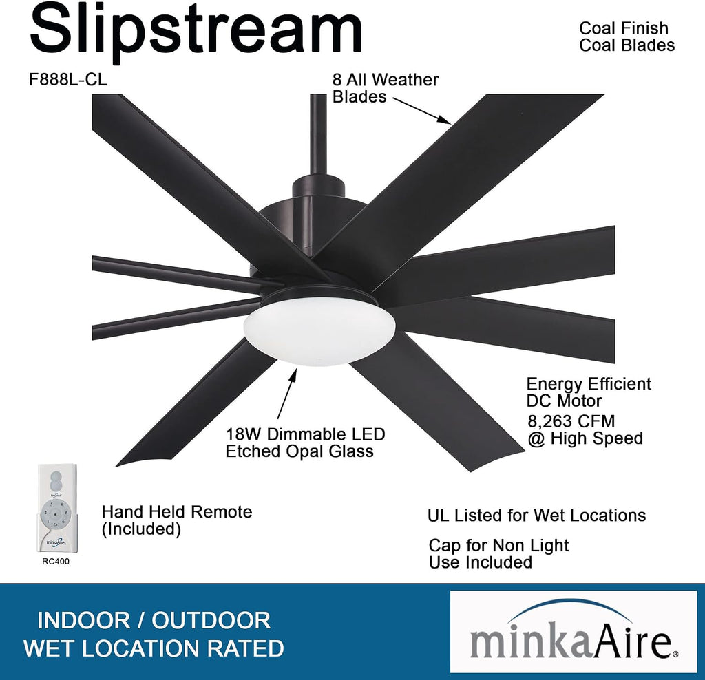 MINKA-AIRE F888L-CL Slipstream 65 Inch Outdoor Ceiling Fan with Dimmable LED Light and DC Motor, Coal