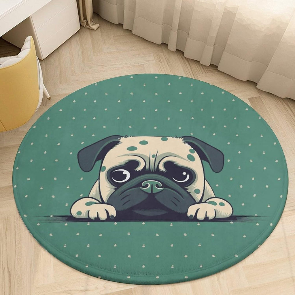 Pug Green Polka Dot Coral Velvet Round Floor Mat Non-Slip Bath Rug Floor Covering for Bathroom Vanity Guest Suite & Vacation Home