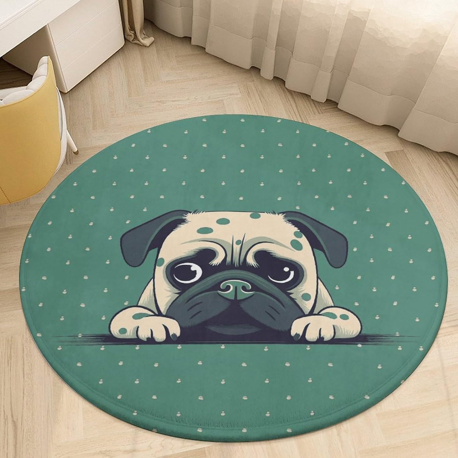 Pug Green Polka Dot Coral Velvet Round Floor Mat Non-Slip Bath Rug Floor Covering for Bathroom Vanity Guest Suite & Vacation Home