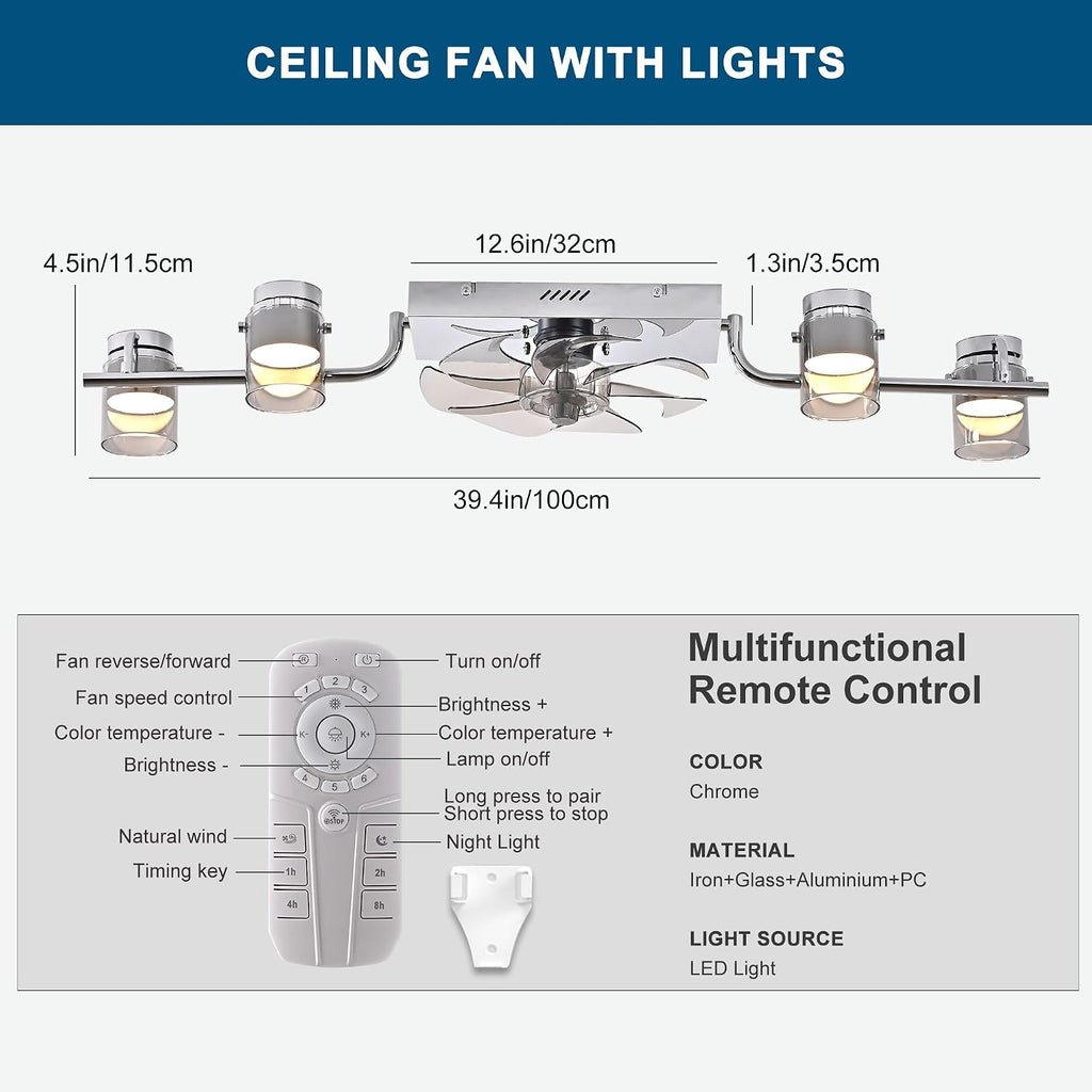 Qcyuui Ceiling Fans with Lights and Remote,39.4' Low Profile Ceiling Fan Dimmable Fandelier Ceiling Fan with Light 360° Rotatable Lightheads Modern Flush Mount LED Fan Light for Bedroom Kitchen